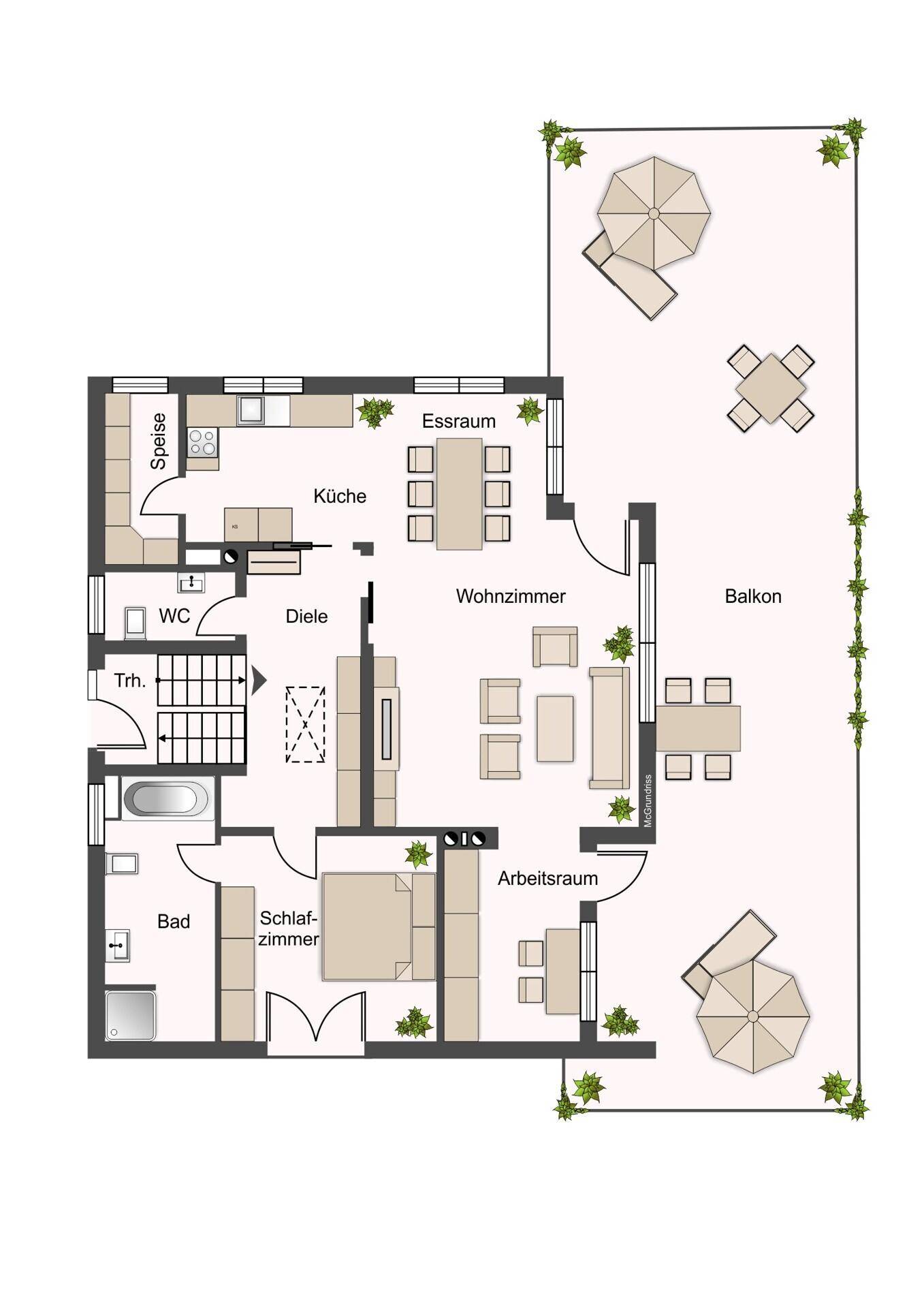 Grundriss des Obergeschosses mit Wohnzimmer, Küche, Essbereich, Schlafzimmer und Balkon.