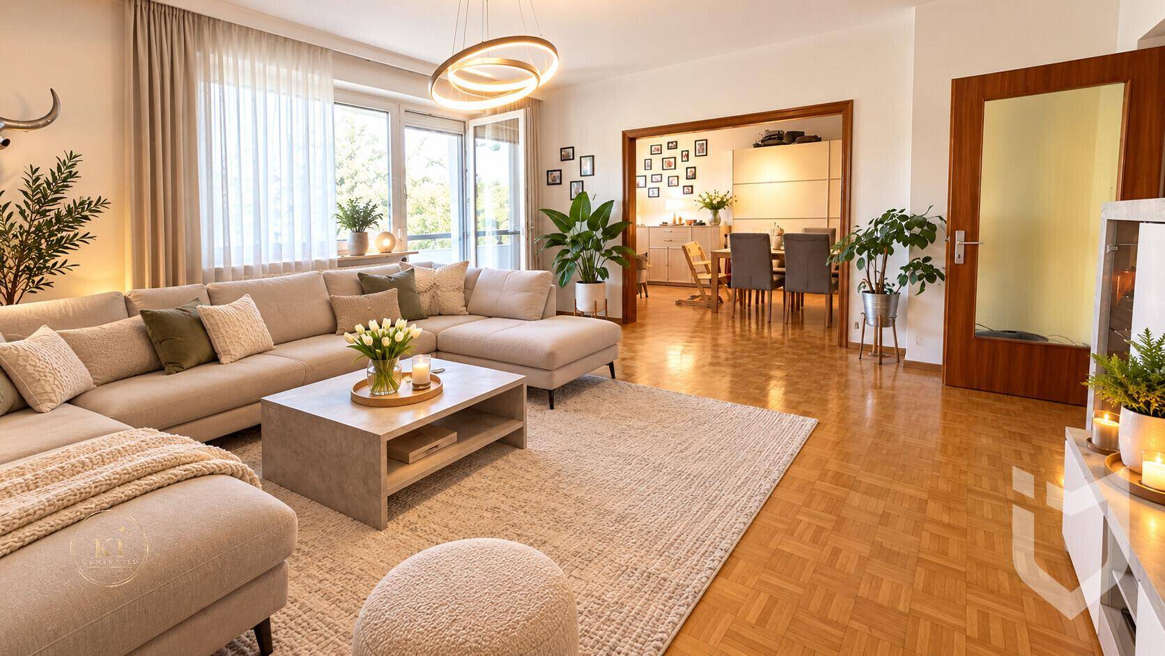 Stilvolles Wohnzimmer mit beigem Ecksofa, Parkettboden und Blick in den offen gestalteten Essbereich.