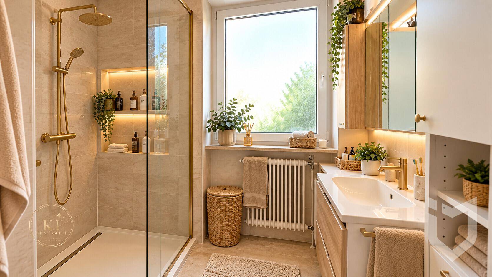 Modernisiertes Badezimmer mit begehbarer Dusche, Holzdetails und Fenster, hell und stilvoll.