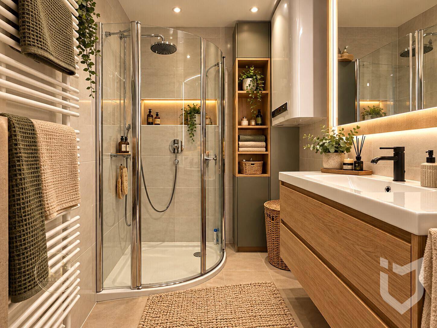 Modernisiertes Badezimmer mit Duschkabine, Holzwaschtisch und stilvoller Beleuchtung.