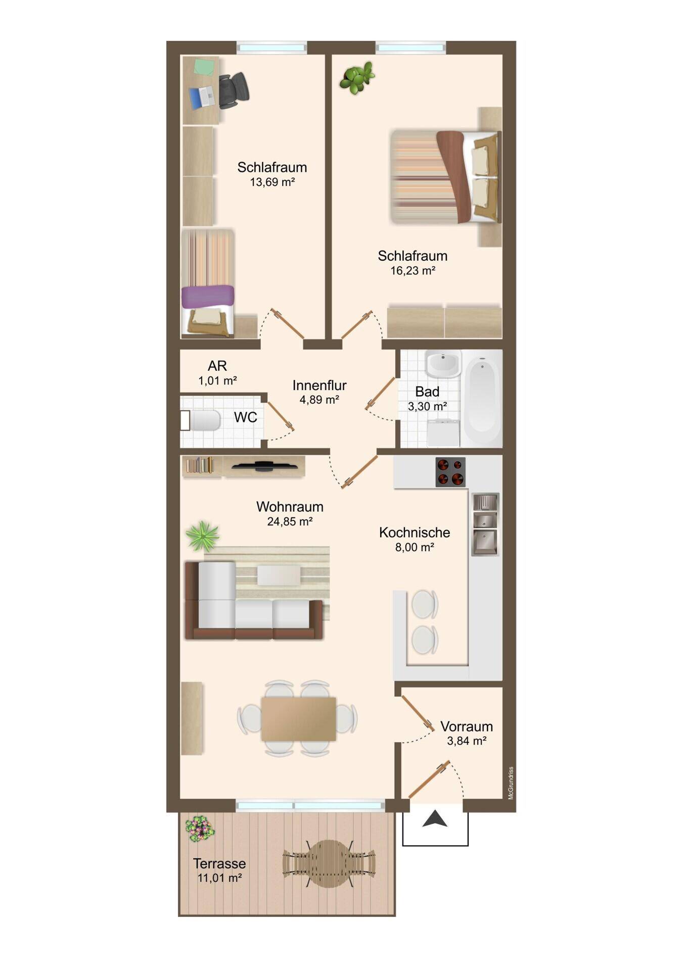 Detaillierter Grundriss der Wohnung mit Raumaufteilung und Terrassenzugang.