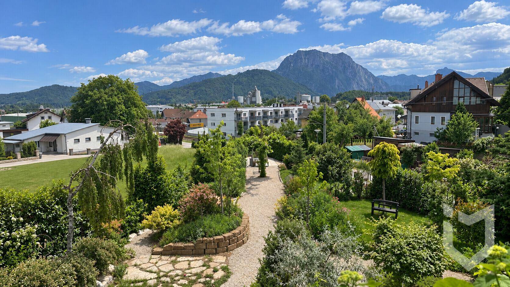 Weitläufiger Garten mit geschwungenen Wegen, üppiger Vegetation und malerischem Bergblick.