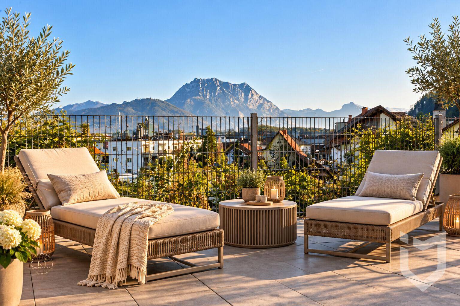 Großzügige Dachterrasse mit bequemen Liegestühlen und spektakulärem Panoramablick auf die Berge.