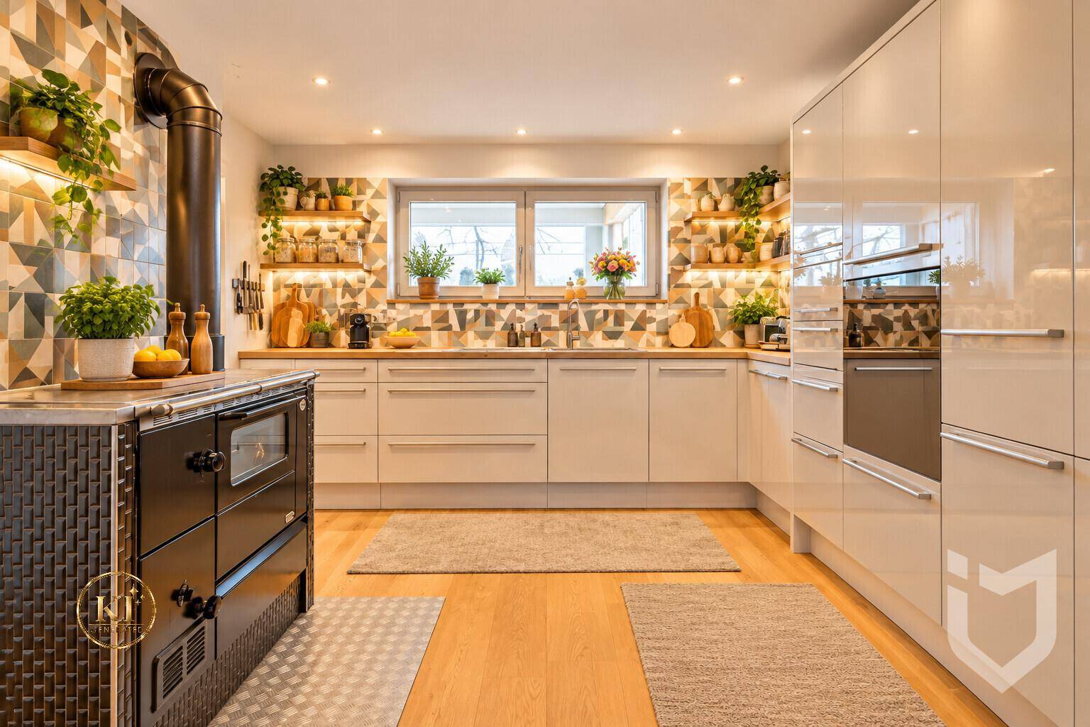 Helle moderne Küche mit glänzenden Schränken, Holzofen und dekorativer Wandgestaltung.