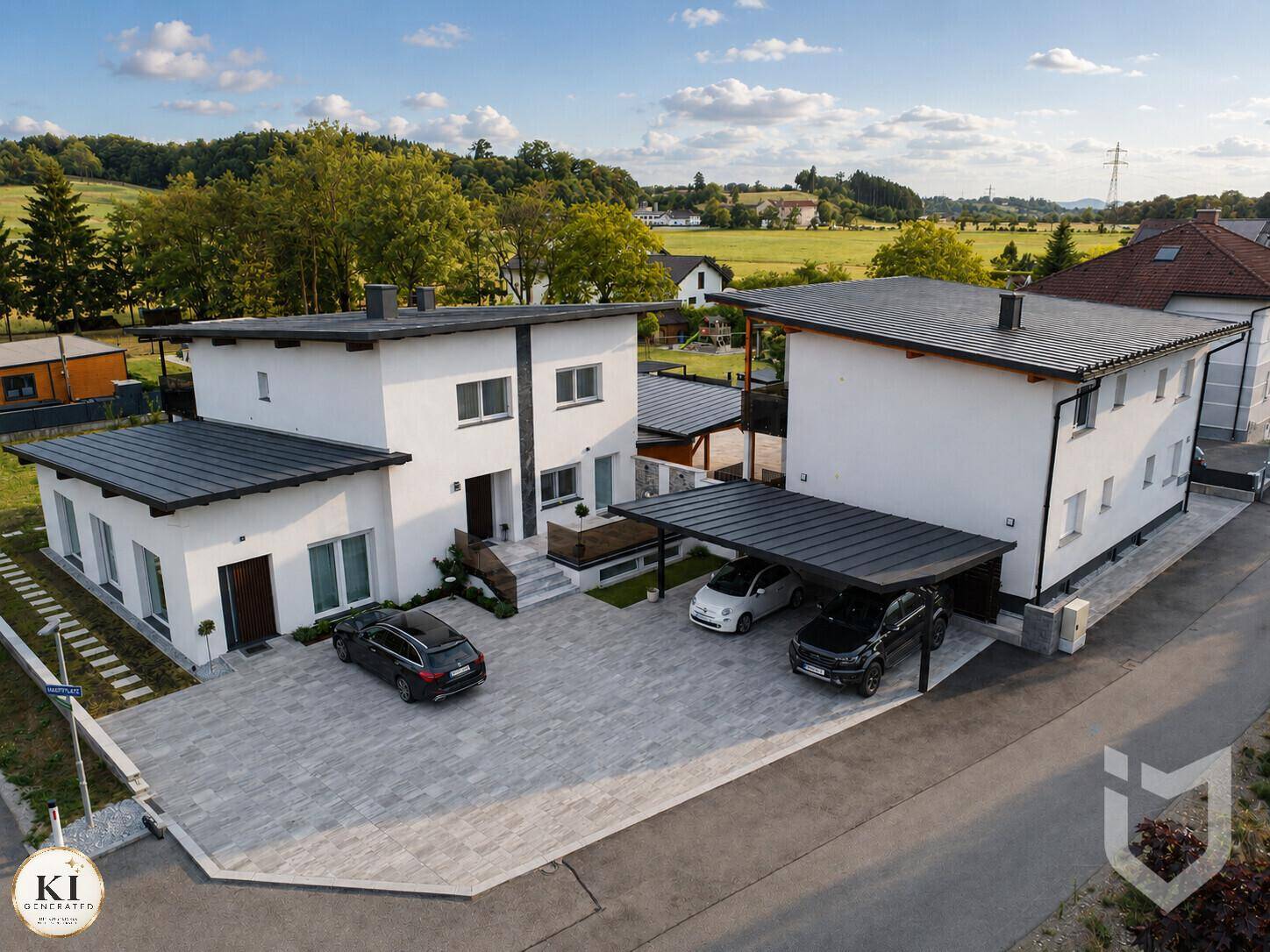 Zwei moderne Häuser mit Flachdächern, Carports und gepflasterten Einfahrten in ländlicher Umgebung.