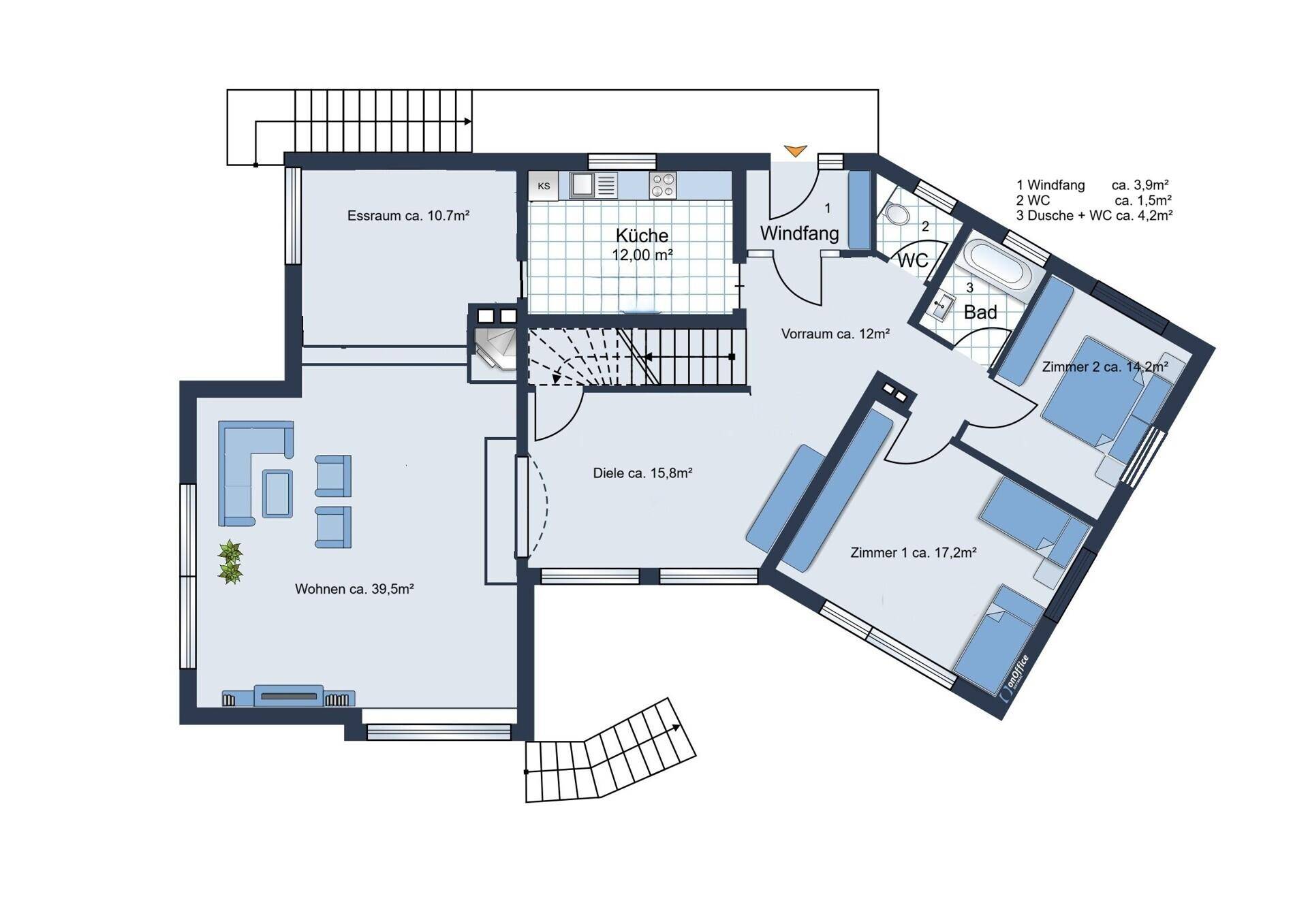Grundriss des Erdgeschosses mit Wohnzimmer, Küche, Essbereich und Bad.