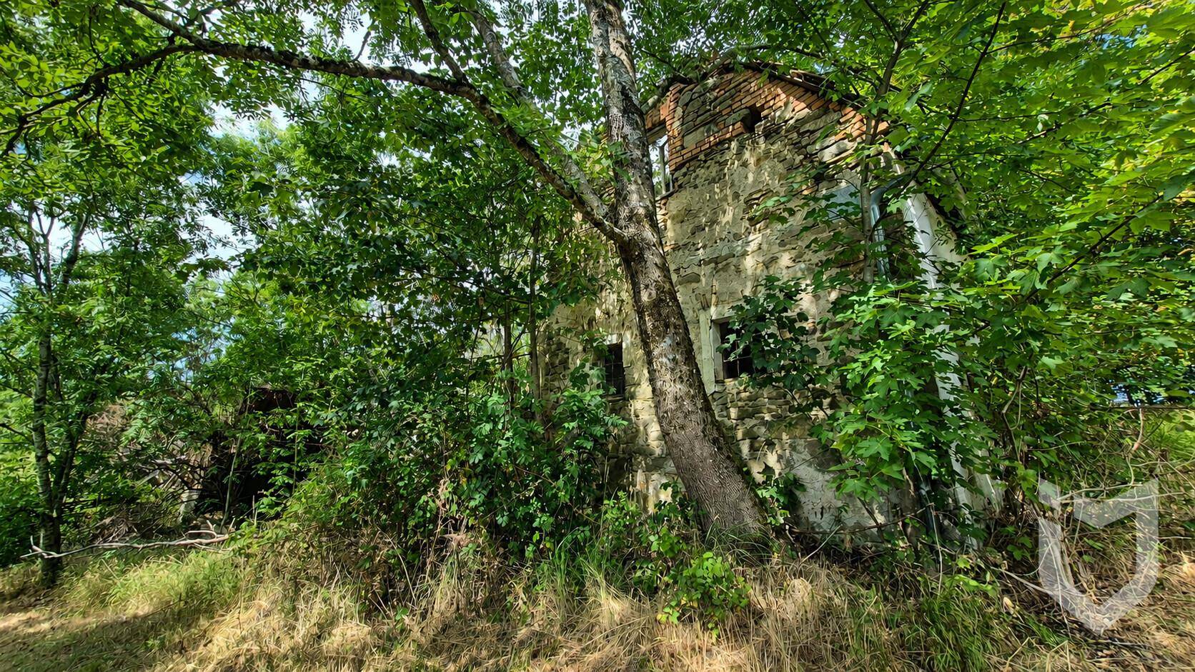 Verfallenes Gebäude mit sichtbaren Stein- und Ziegelstrukturen, stark von Bäumen und Büschen überwuchert.