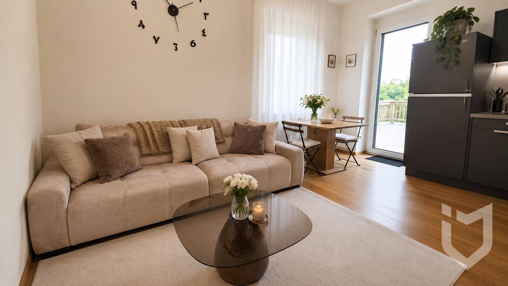 Gemütlicher Wohn-Essbereich mit beigem Sofa, Holzboden und direktem Zugang zu einem Balkon.