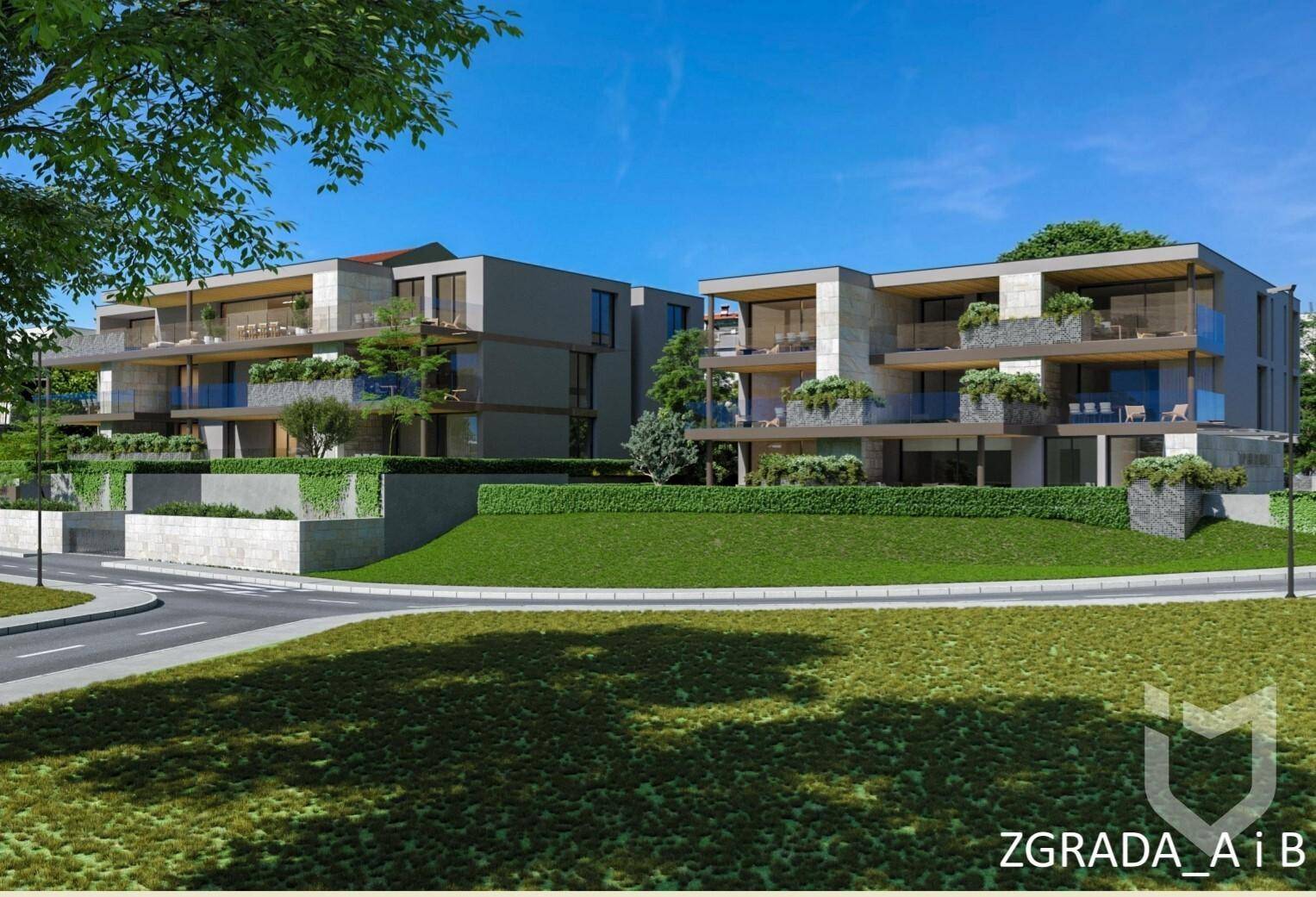 Visualisierung der modernen Apartmentgebäude mit ansprechender Architektur und gepflegter Außenanlage.