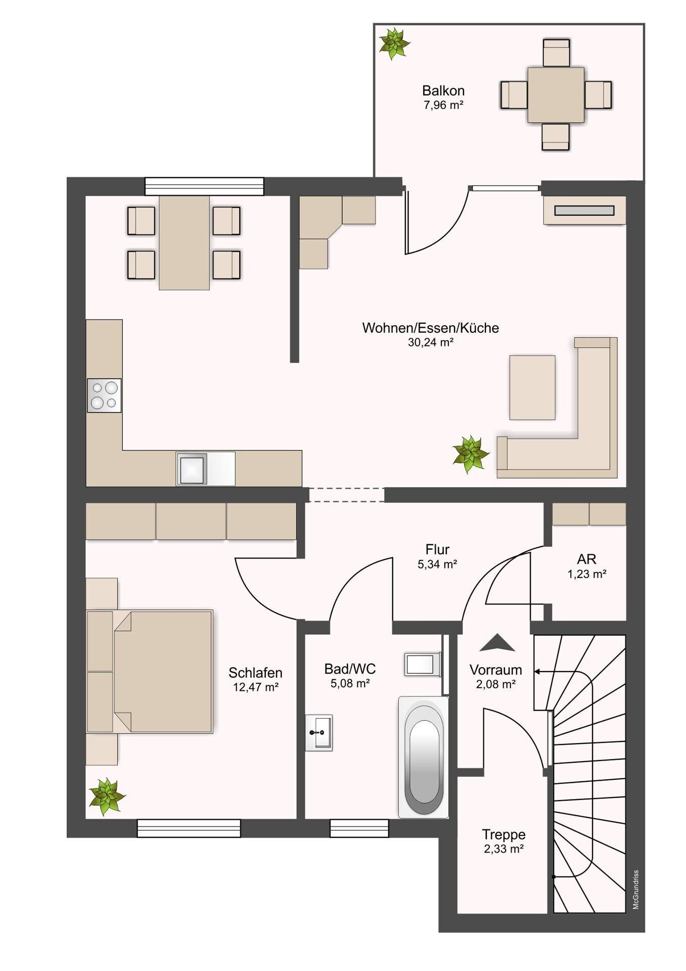 Grundriss der Wohnung mit Wohn-/Ess-/Küchenbereich, Schlafzimmer und Balkon.