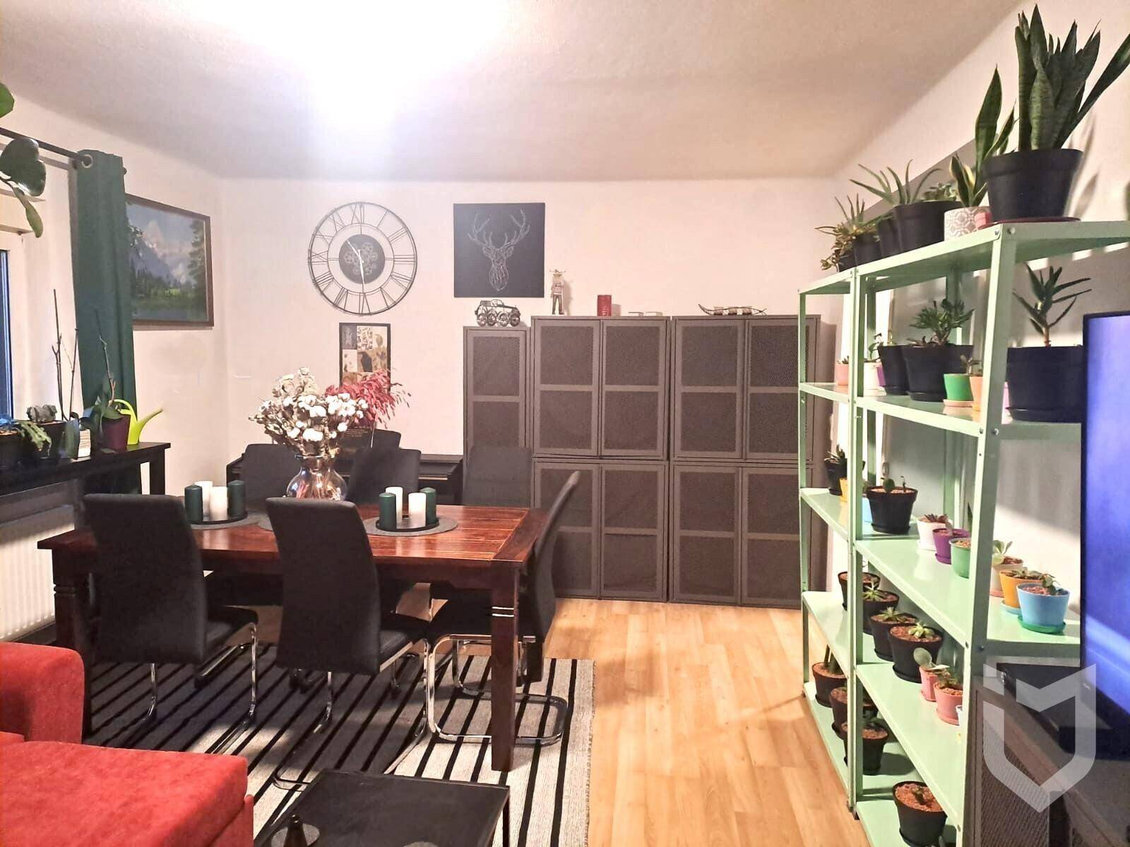 Geräumiger Wohn-Essbereich mit großem Esstisch, Pflanzenregal und Holzboden.