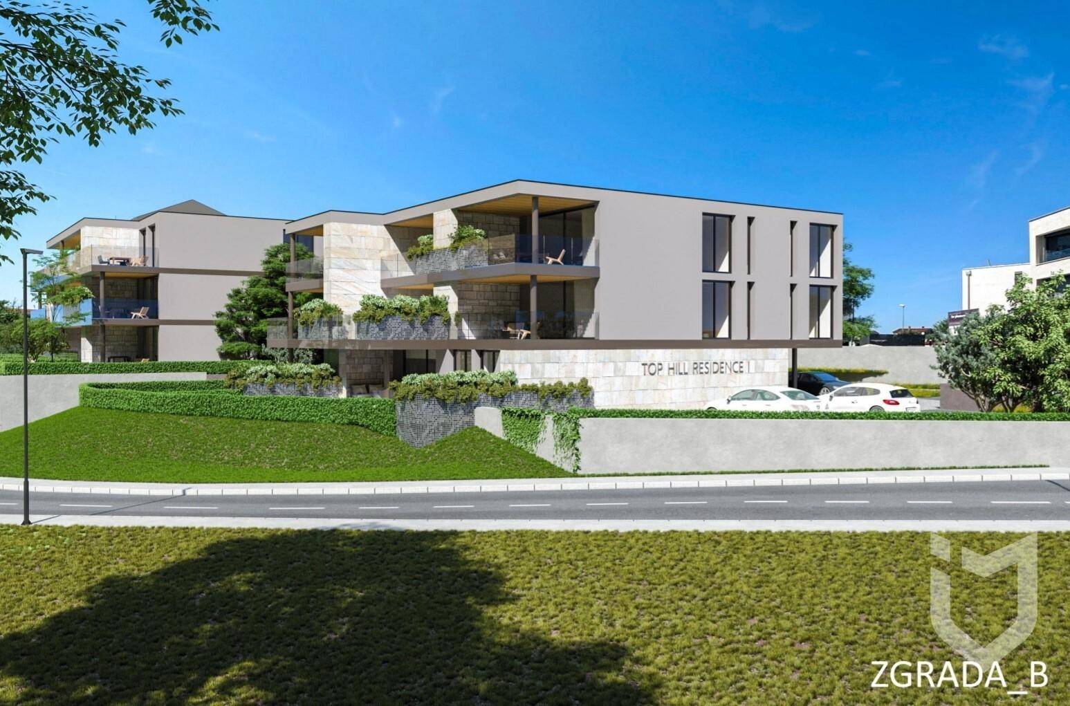 Visualisierung des zweiten modernen Apartmentgebäudes mit klaren Linien und integrierten Grünflächen.