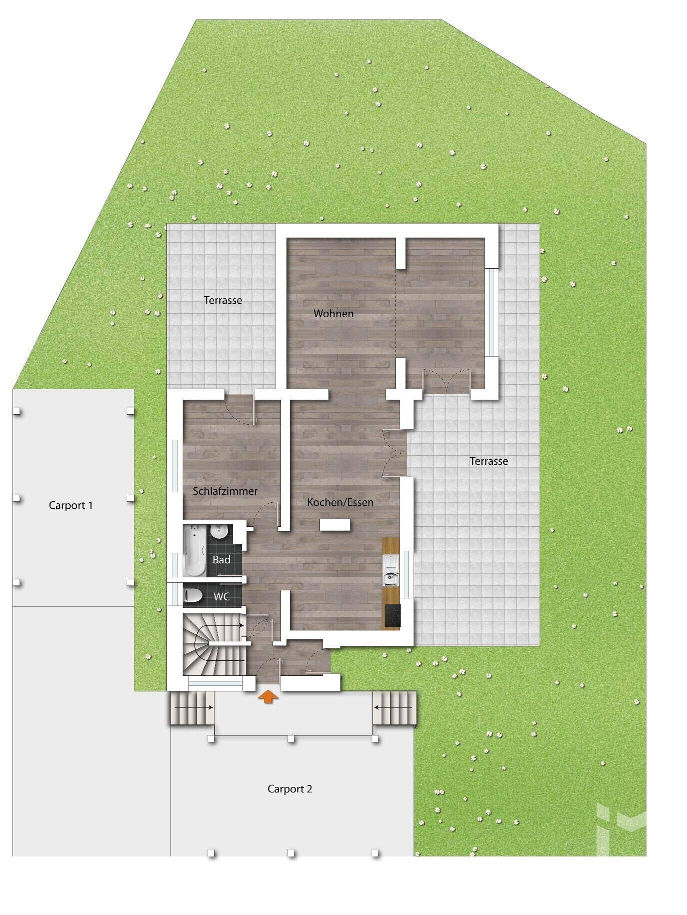 Grundriss des Untergeschosses mit Wohnbereich, Schlafzimmer und Carports.