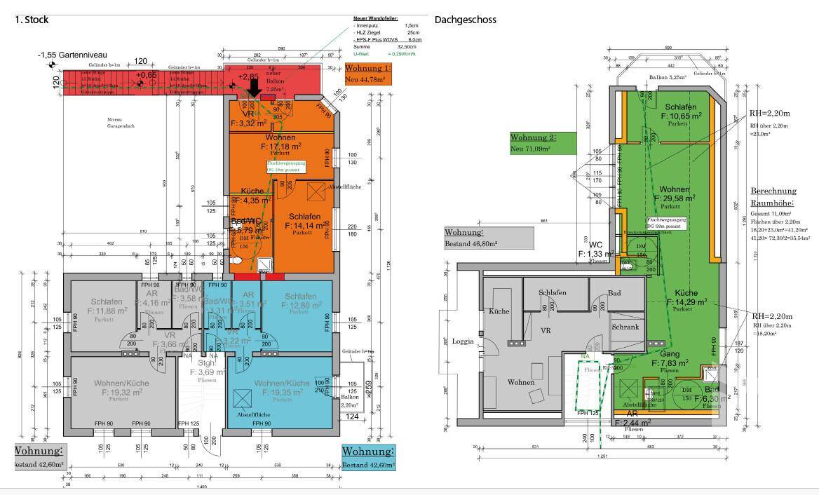 Grundrisse des 1. Stocks und Dachgeschosses mit verschiedenen Wohneinheiten.
