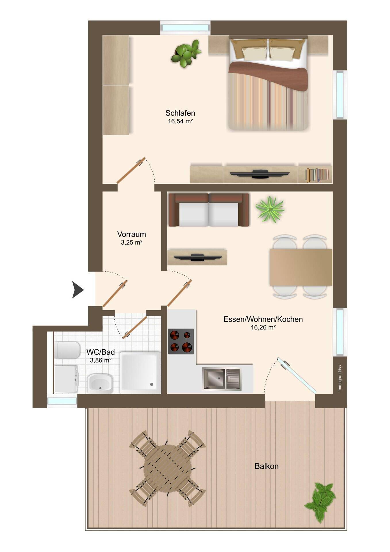 Detaillierter Grundriss einer Wohnung mit Schlafzimmer, offenem Wohnbereich und Balkon.