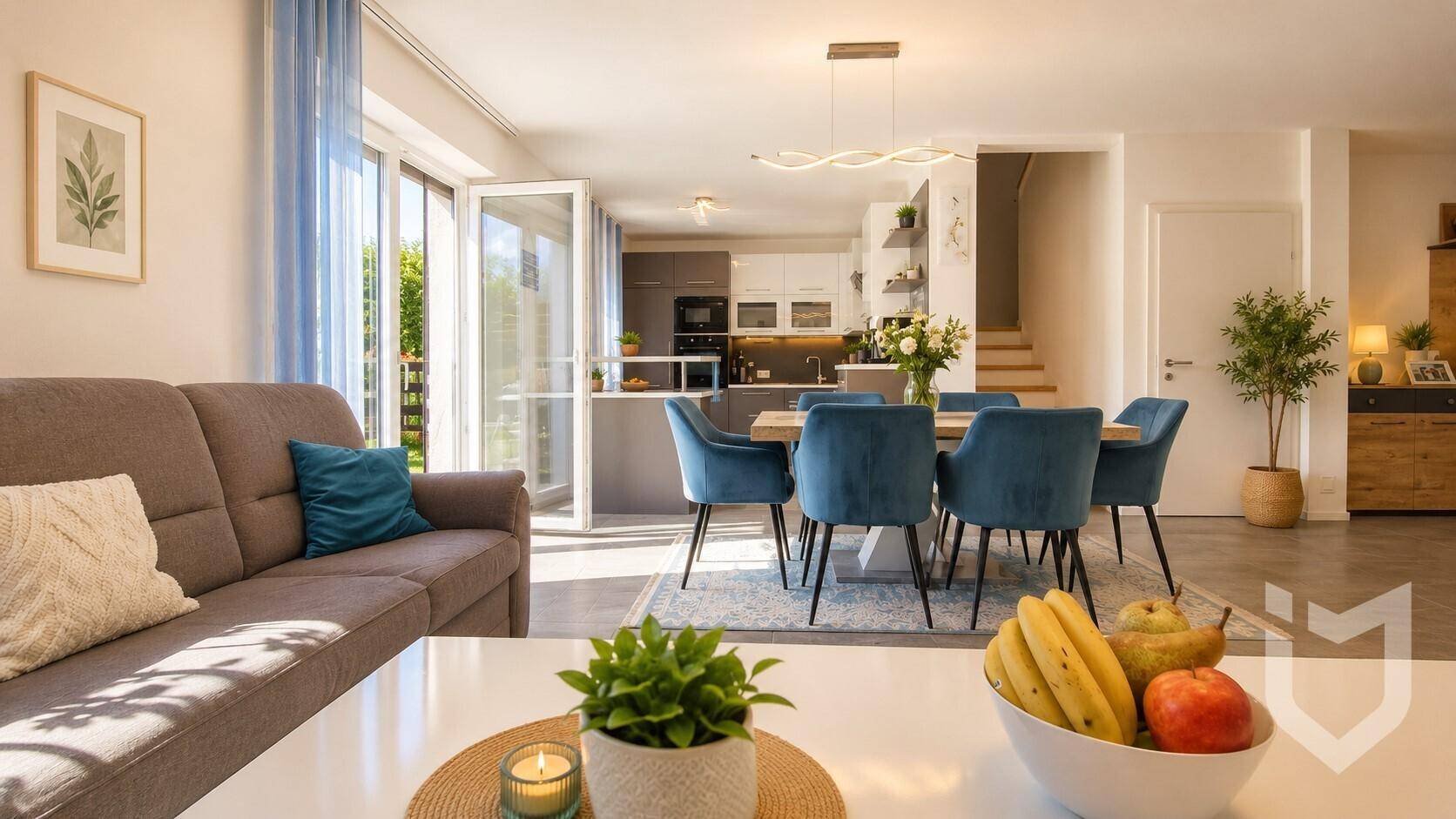 Offener Wohn-Essbereich mit Zugang zur Terrasse und moderner Küche im Hintergrund.