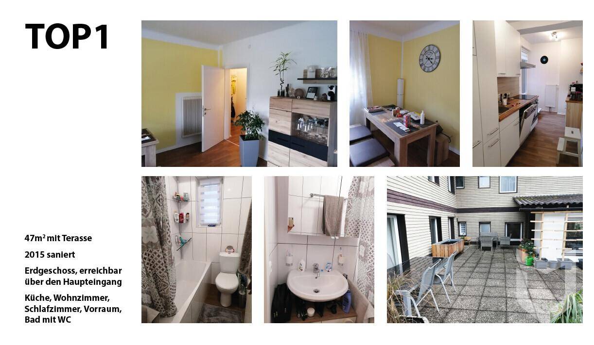 Collage verschiedener Innenräume und einer Terrasse der Wohneinheit TOP1.