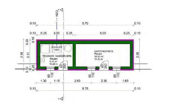 Grundriss des Nebengebäudes mit Technikraum für Wasserversorgung und Geräteraum für den Garten.