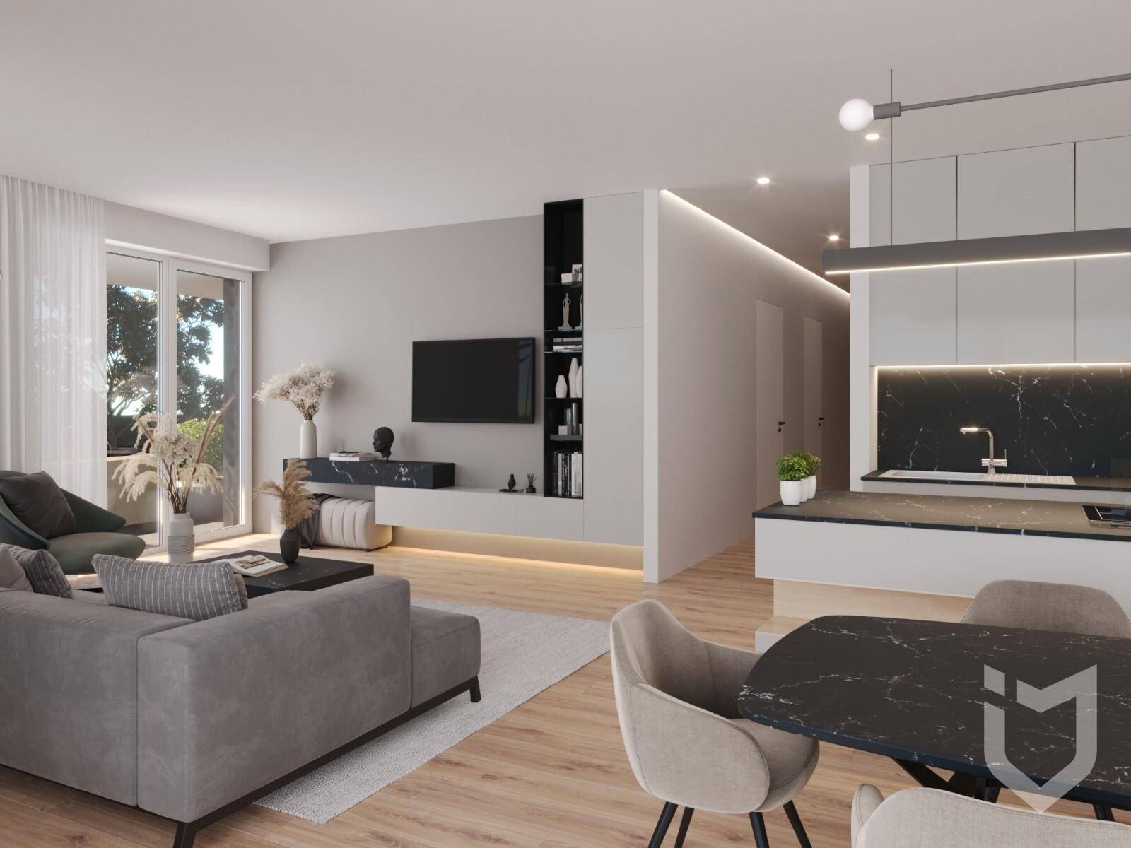 Moderner offener Wohn-Essbereich mit integrierter Küche, Holzboden und Zugang zum Balkon.