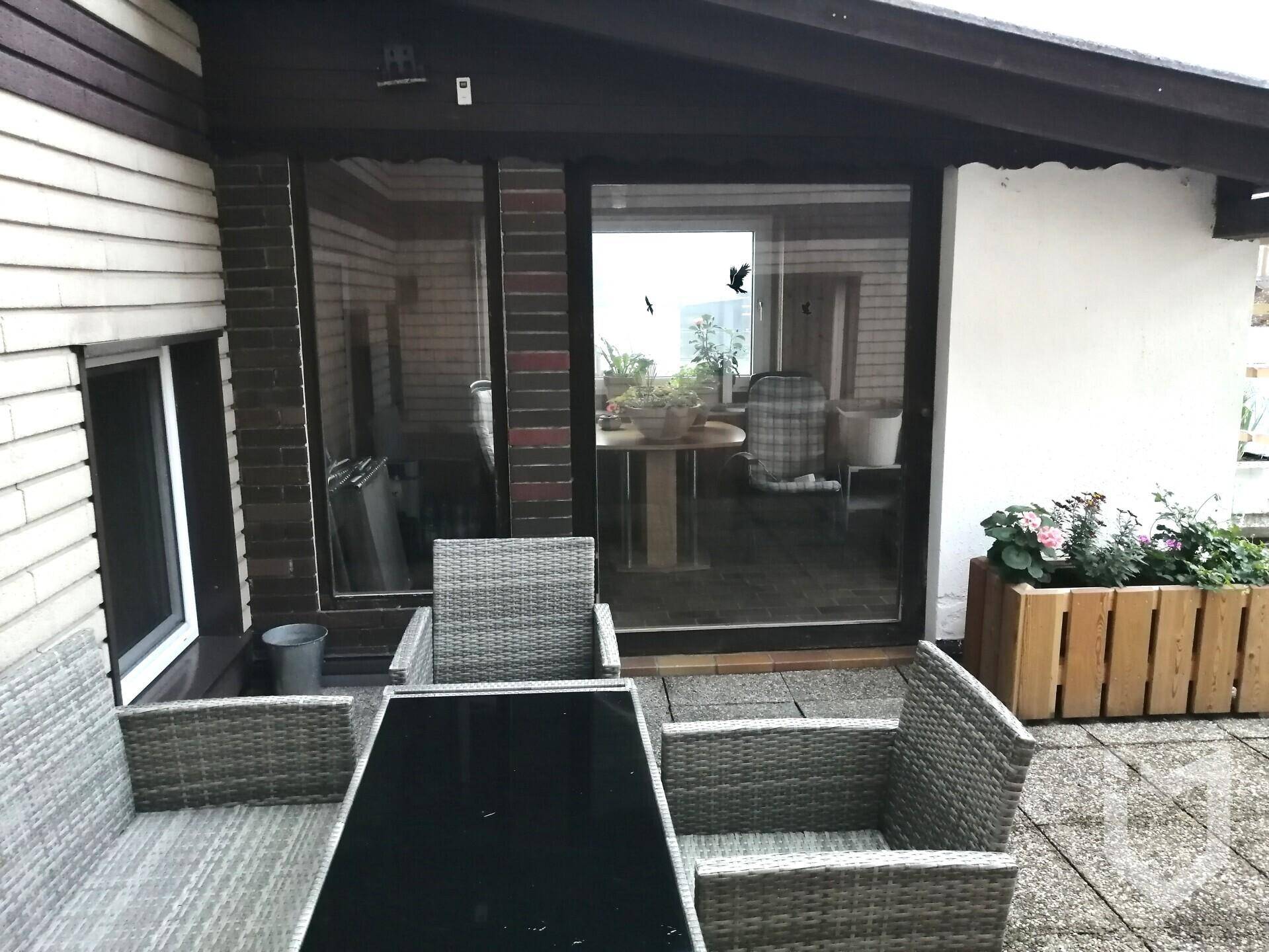 Gemütliche Terrasse mit Korbmöbeln und Blick ins Grüne durch die Fenster.
