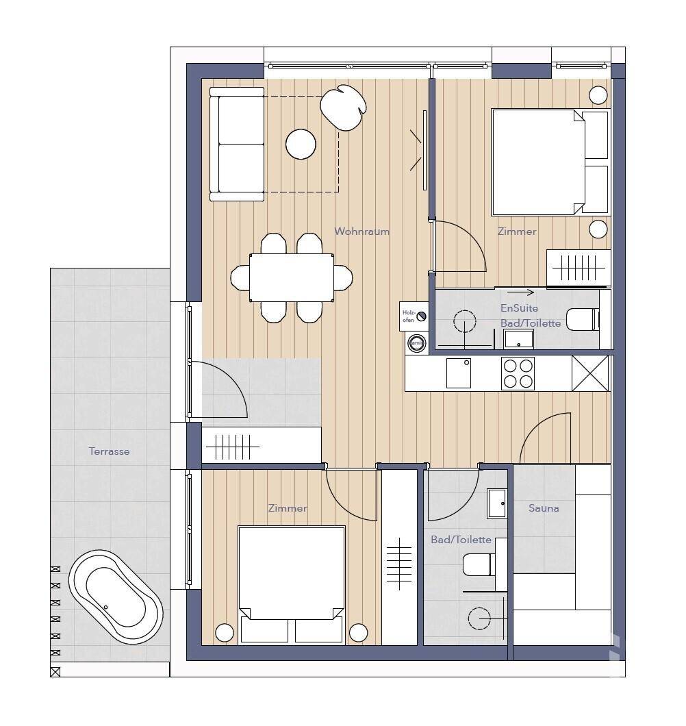Detaillierter Grundriss einer Wohnung mit offenem Wohnbereich, zwei Schlafzimmern und Terrasse mit Badewanne.