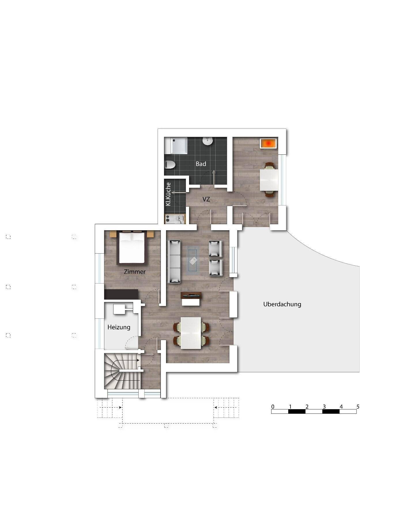 Grundriss des Erdgeschosses mit Wohnbereich, Schlafzimmer und Bad.