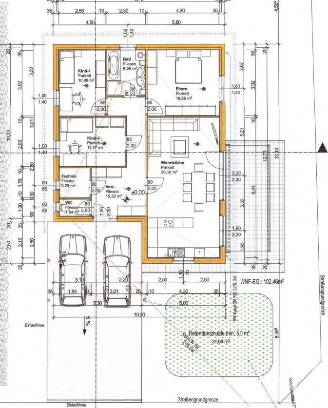 Detaillierter Grundriss des Bungalows mit Raumaufteilung, Abmessungen und Außenbereichen.