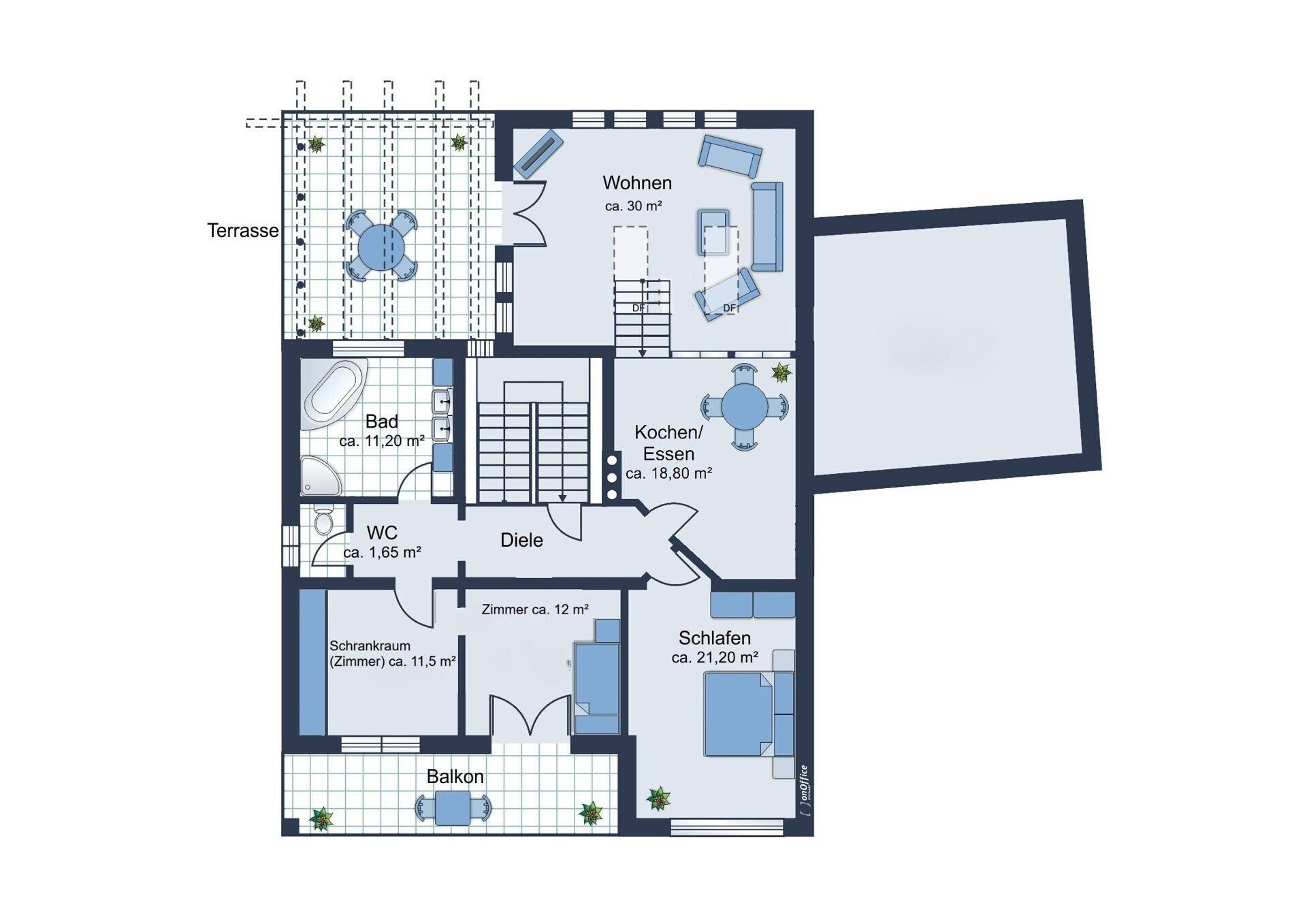 Grundriss des Obergeschosses mit Wohnzimmer, Schlafzimmer, Küche/Essbereich, Bad, WC, Terrasse und Balkon.