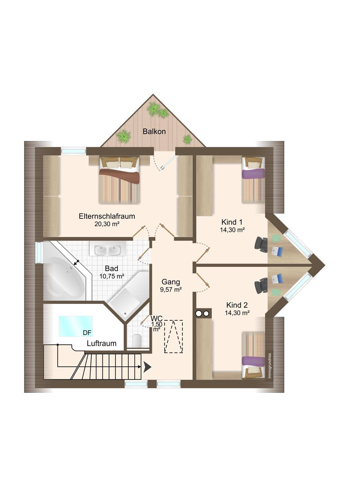 Grundriss des Obergeschosses mit Elternschlafzimmer, Kinderzimmern und Bad.