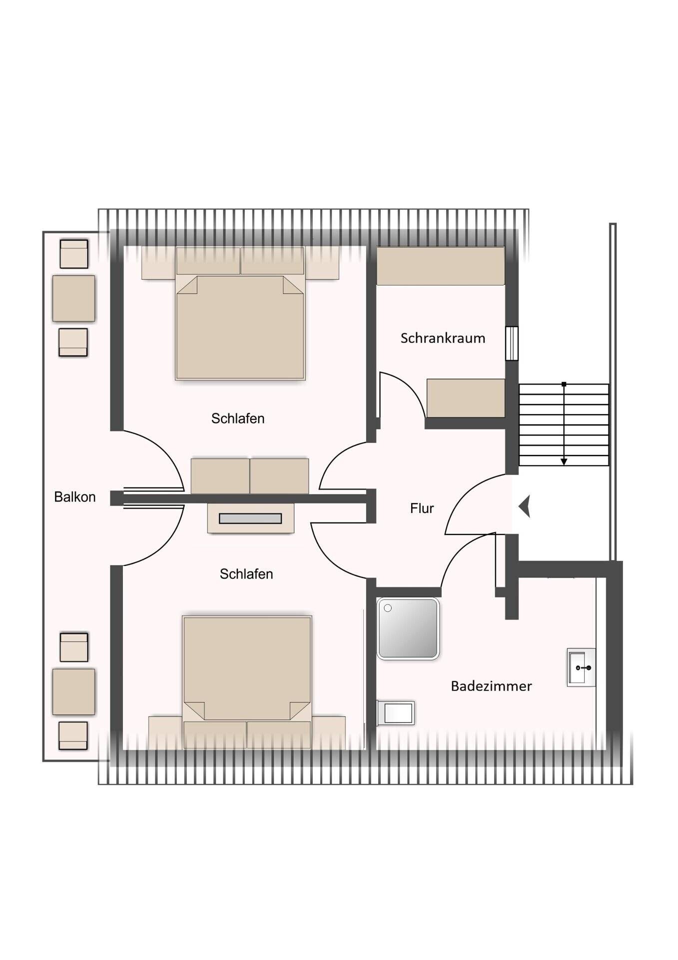 Grundriss des Obergeschosses mit zwei Schlafzimmern, Badezimmer, Schrankraum und Balkonzugang.
