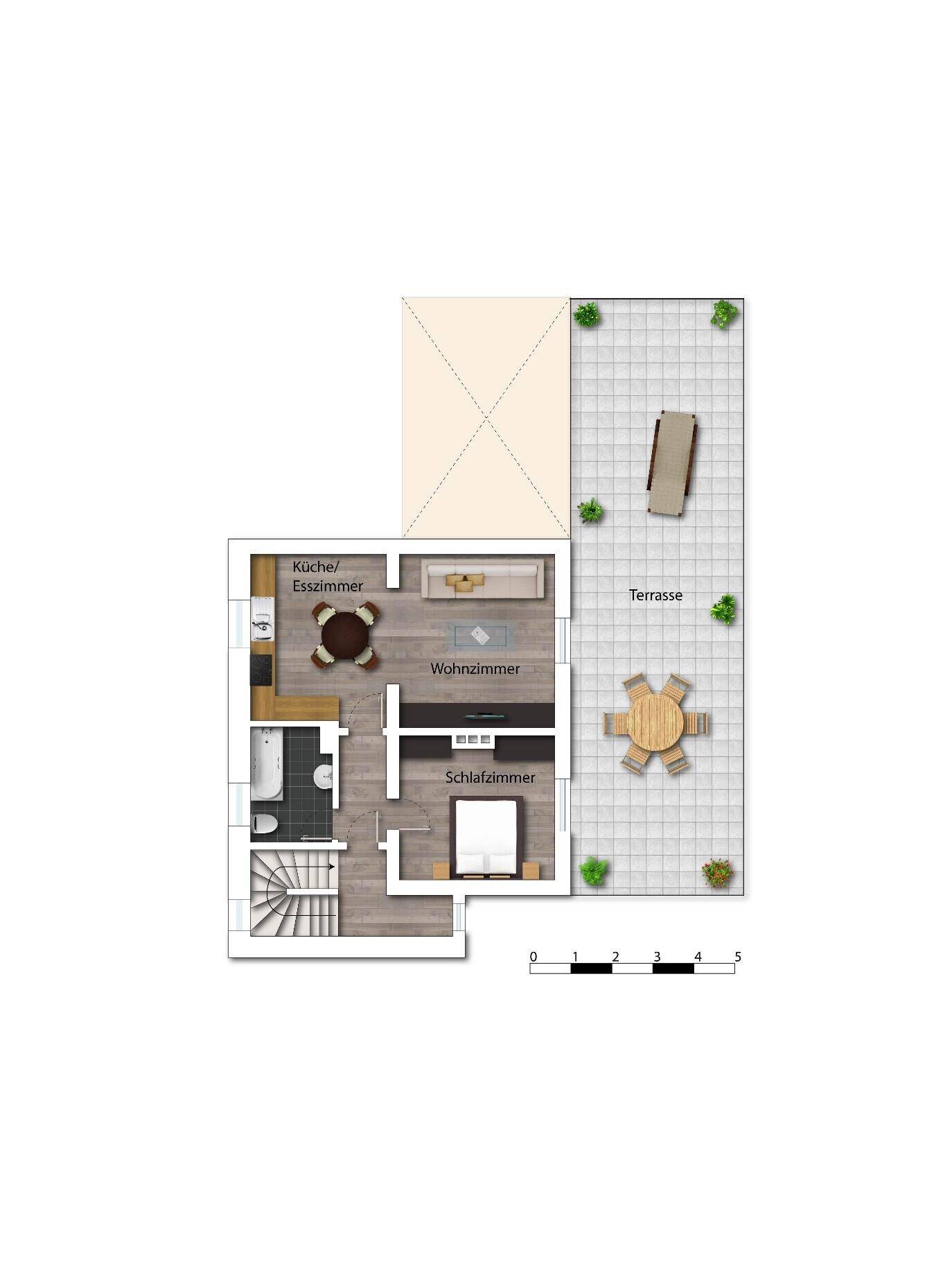 Grundriss des Obergeschosses mit Wohnzimmer, Küche und großer Terrasse.