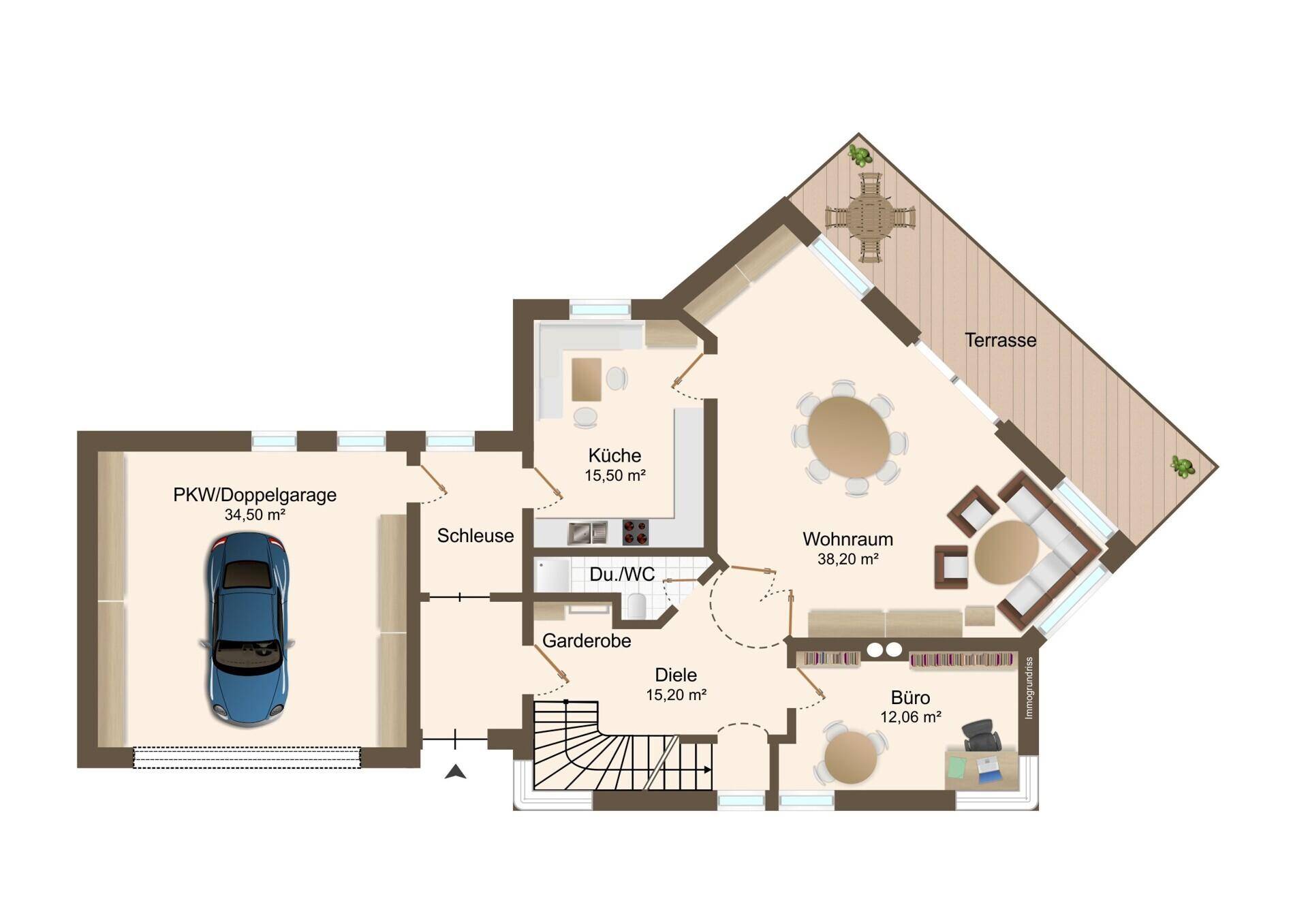 Grundriss des Erdgeschosses mit Wohnraum, Küche, Büro und Doppelgarage.