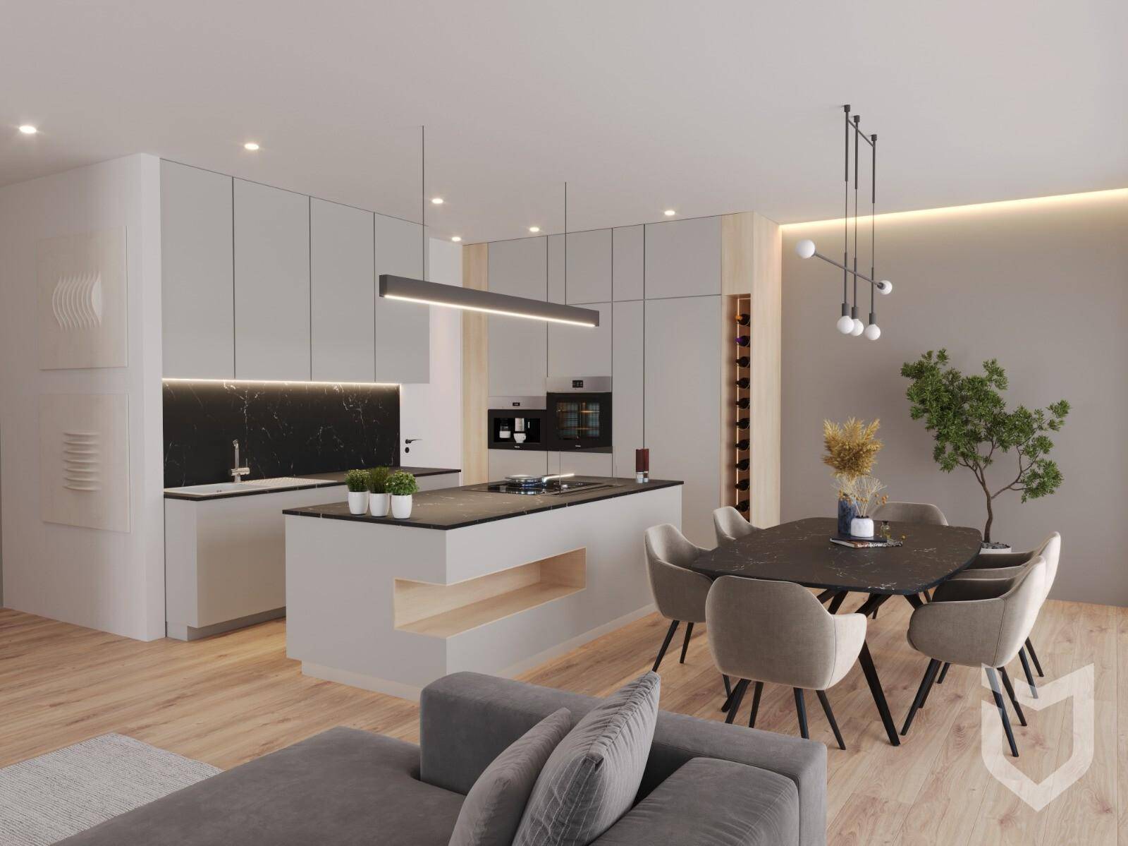 Moderne Einbauküche mit Kochinsel und Essbereich, offen gestaltet zum Wohnzimmer.