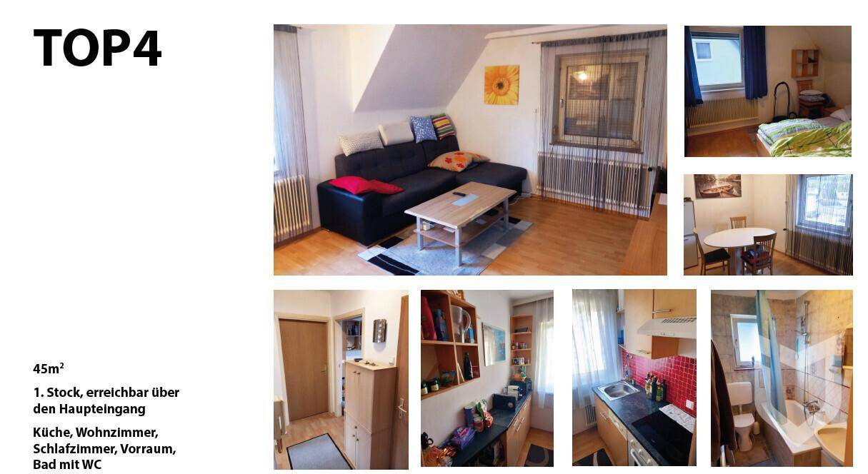 Innenansichten der Wohneinheit TOP4 mit gemütlichem Wohnzimmer und Dachschrägen.