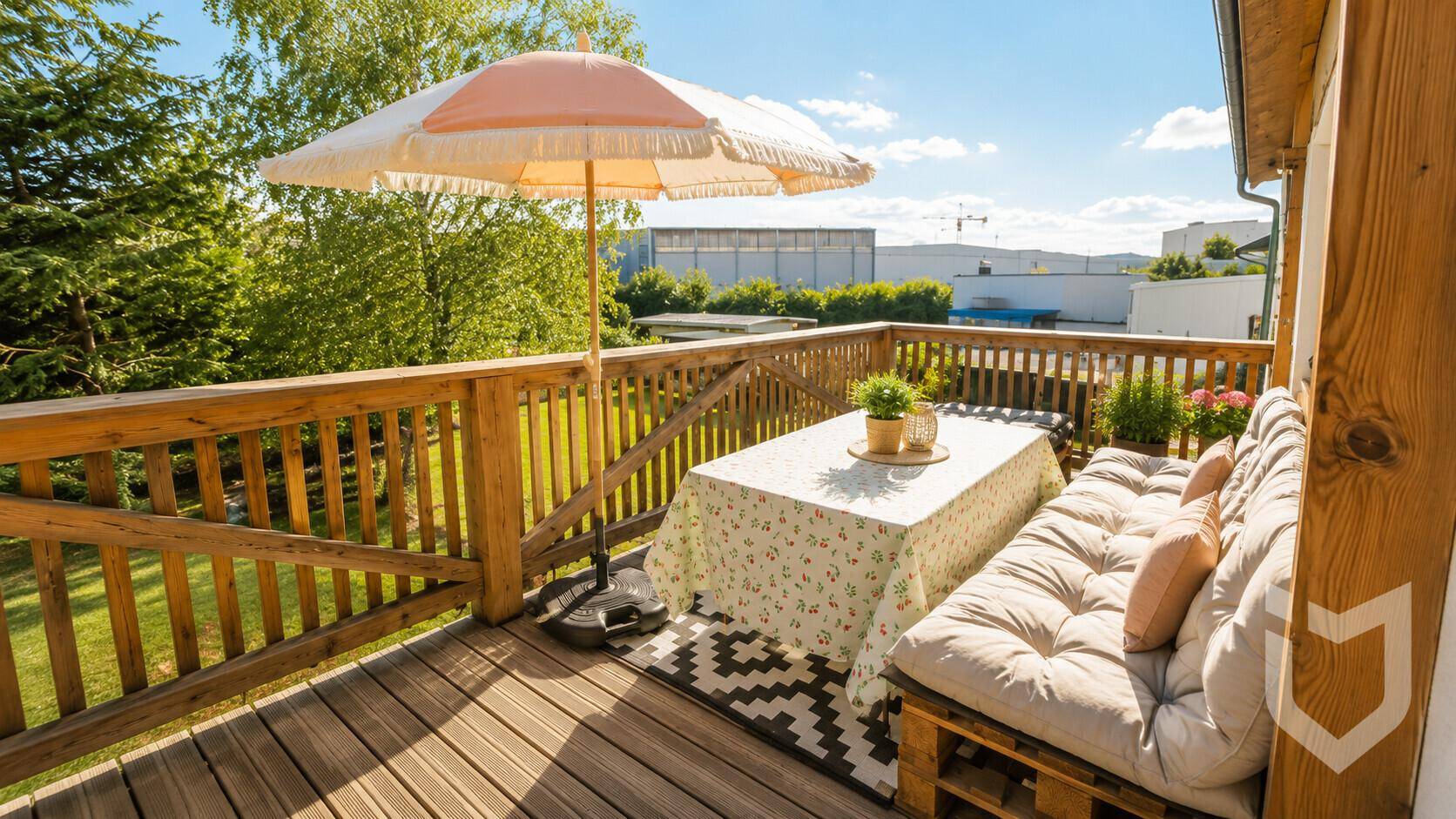 Geräumiger Holzbalkon mit Esstisch, Sitzbank und Sonnenschirm, ideal für entspannte Stunden im Freien.