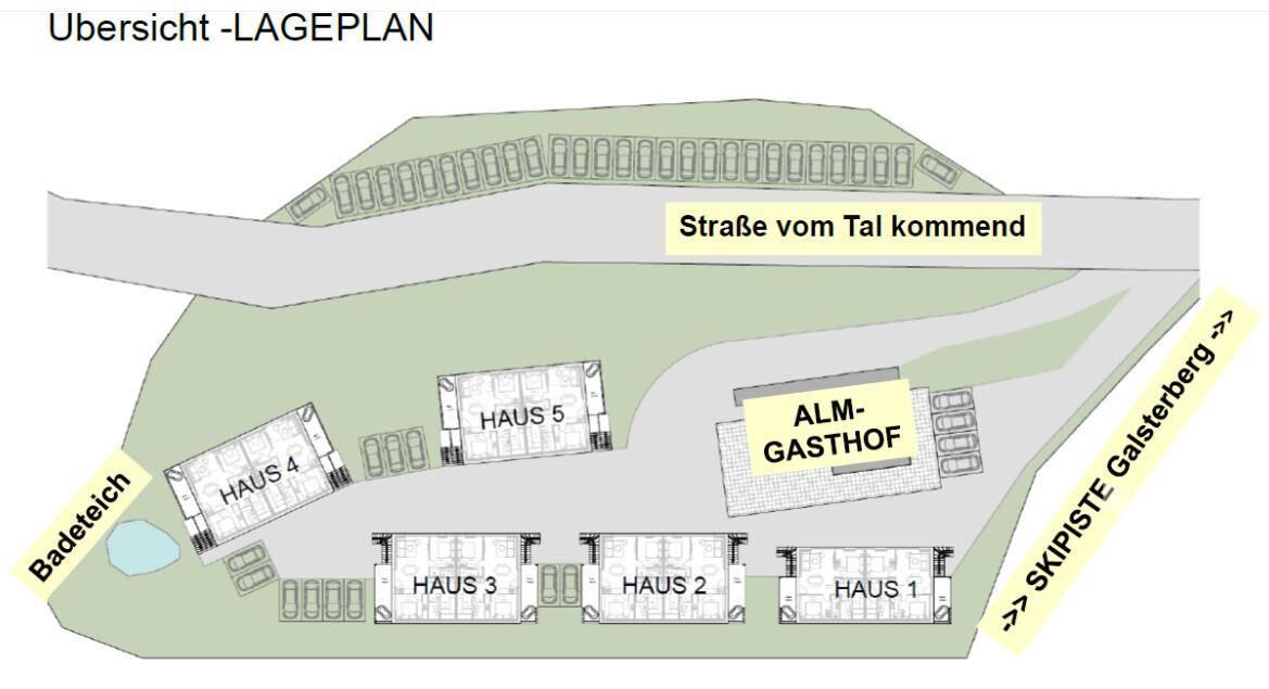 Lageplan des Resorts mit den einzelnen Häusern, Alm-Gasthof und Anbindung zur Skipiste.