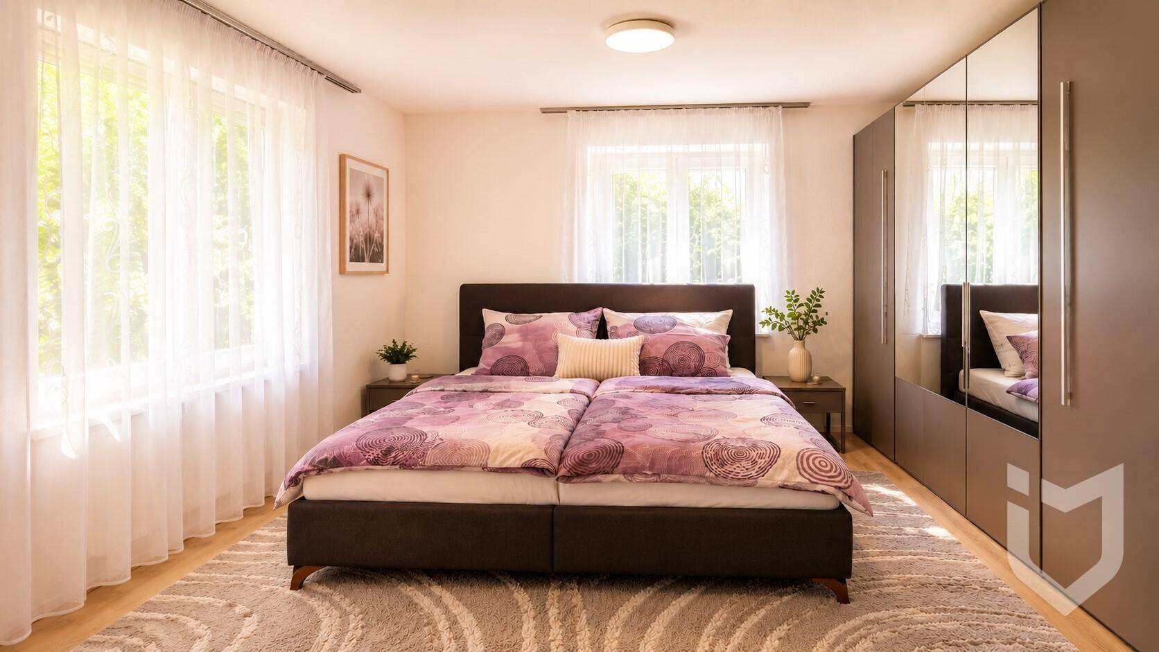 Helles Schlafzimmer mit Doppelbett, großem Spiegelschrank und viel Tageslicht.