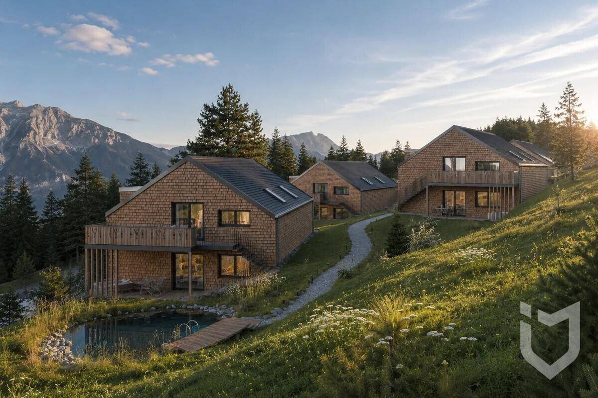 Panoramablick auf die modernen Bergappartements im Pirklalm Resort mit natürlichem Badeteich.