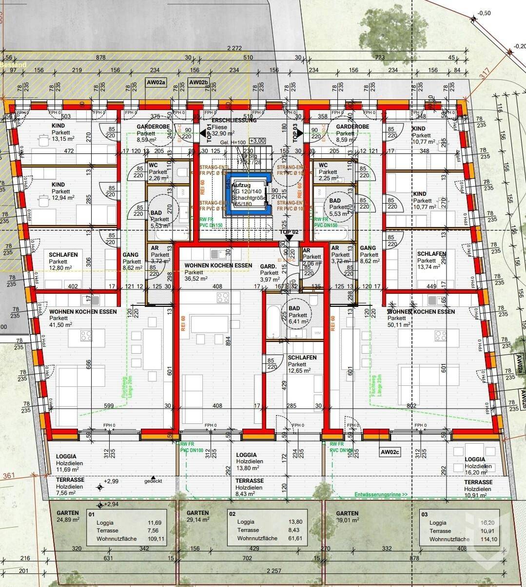 Detaillierter Grundriss einer Etage mit mehreren Wohnungen, Zimmern und Außenbereichen.
