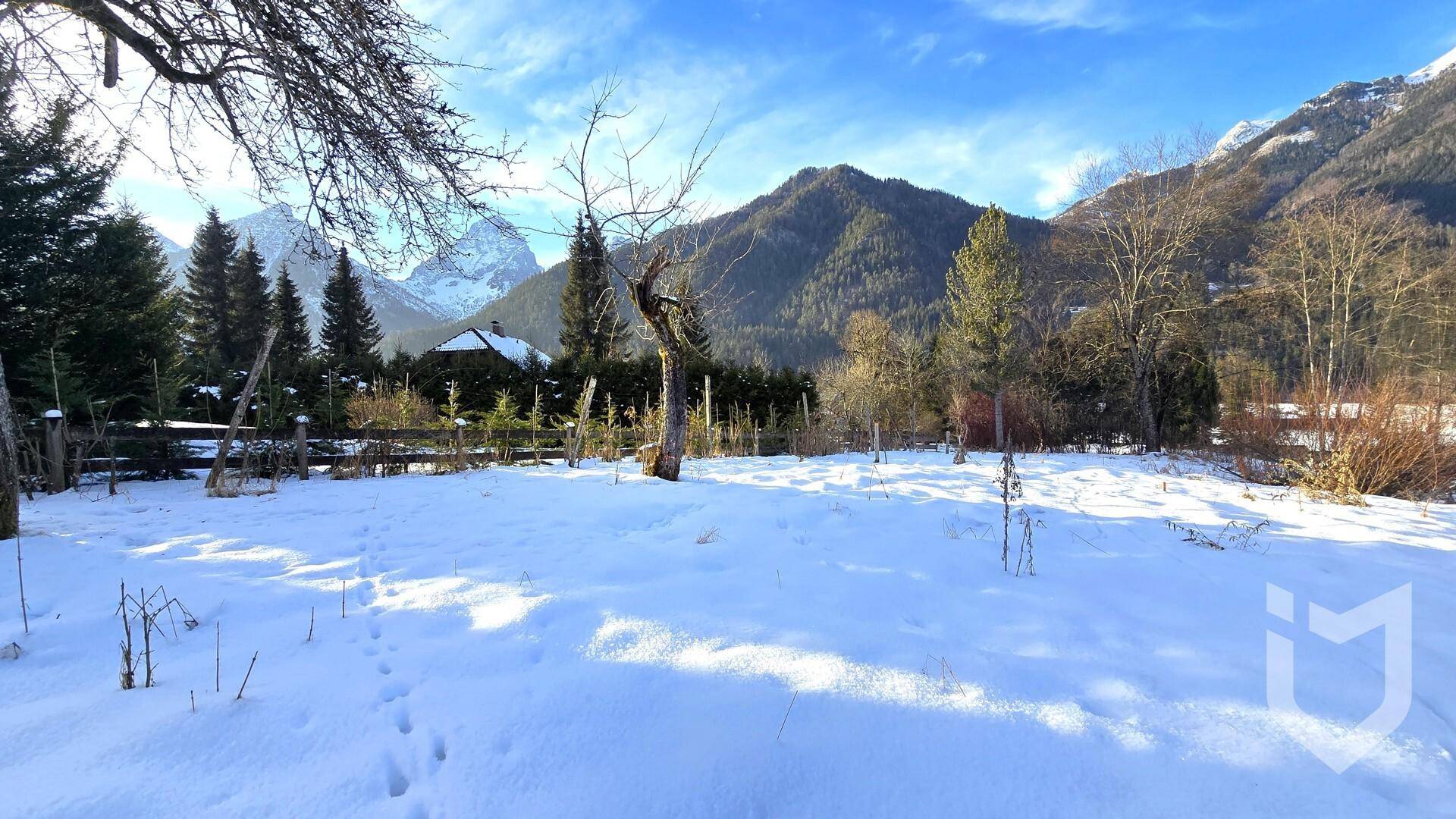 Sonniges, schneebedecktes Grundstück mit weitem Blick auf die Alpen und die umliegende Natur.