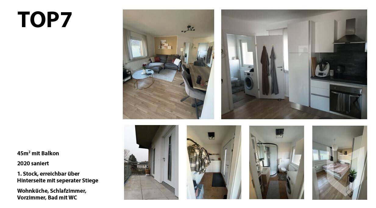 Collage der Wohneinheit TOP7 mit Wohnbereich, Küche, Bad und Balkon.