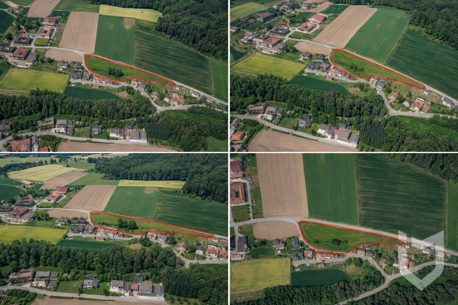 Vier Luftaufnahmen zeigen die ländliche Umgebung und die Lage der Grundstücke mit roten Markierungen.