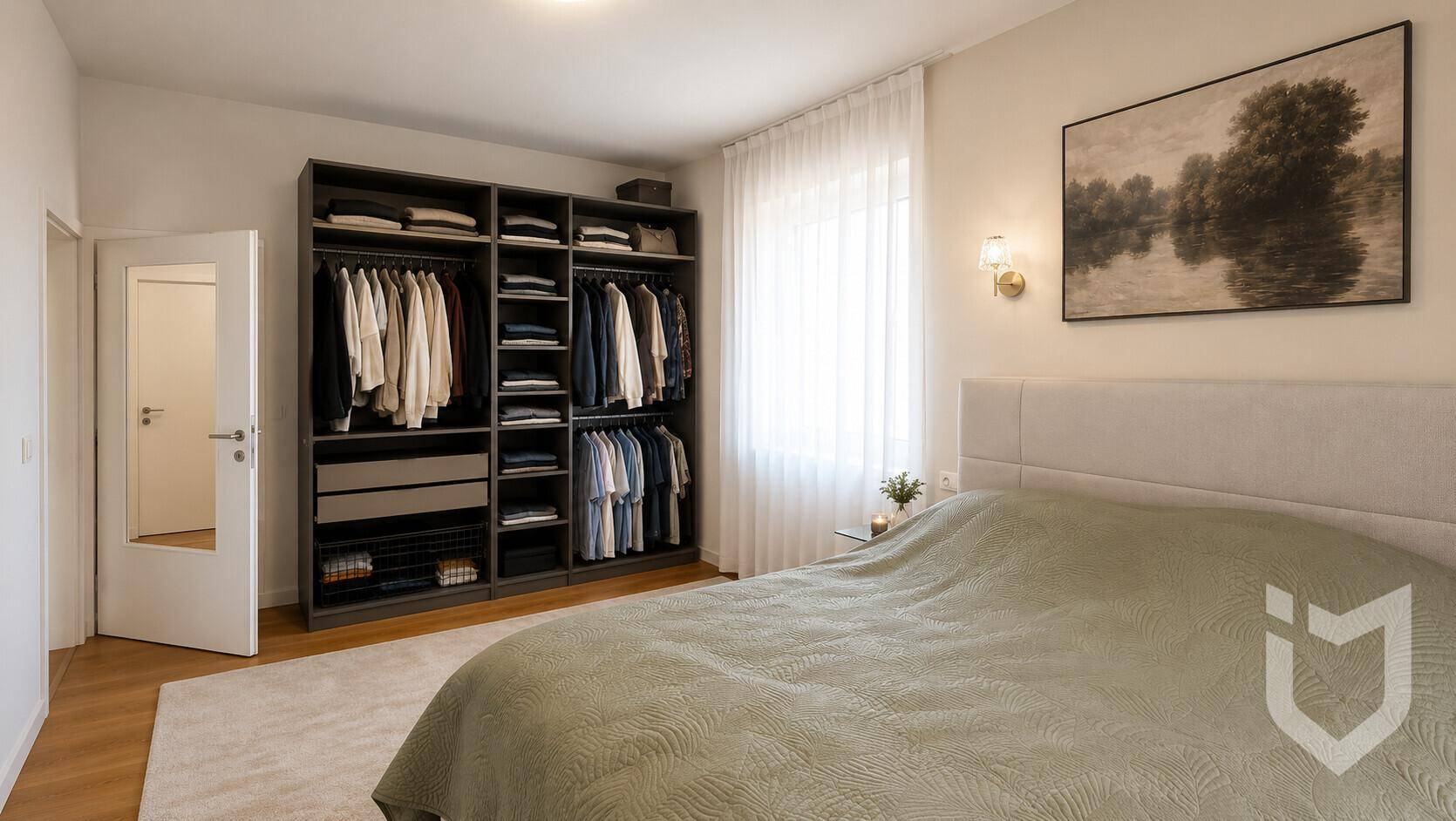 Geräumiges Schlafzimmer mit Doppelbett und einem großen, offenen Kleiderschranksystem für viel Stauraum.