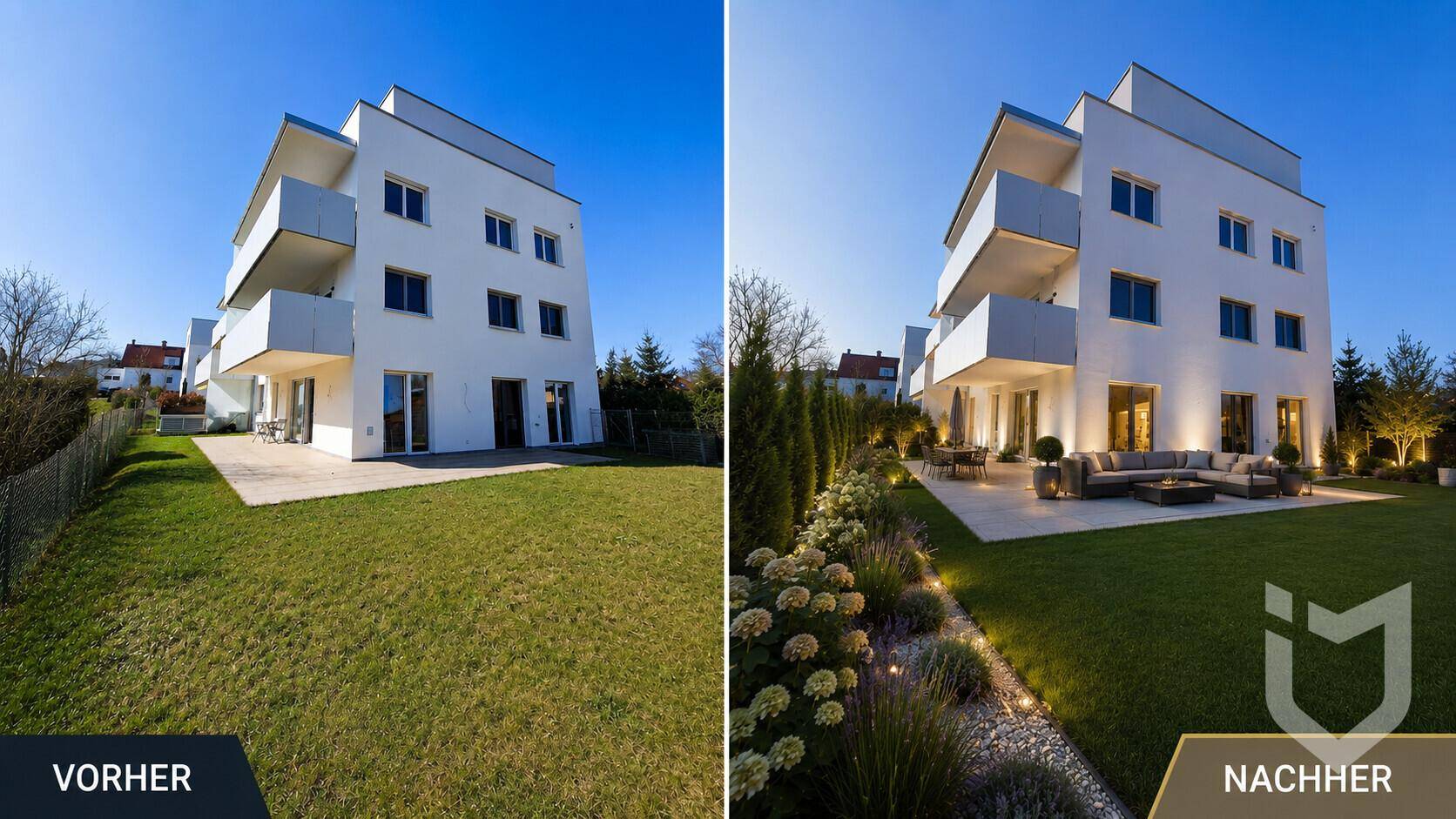Modernes Mehrfamilienhaus mit weißer Fassade, Balkonen und einem neu gestalteten Gartenbereich mit Terrasse.