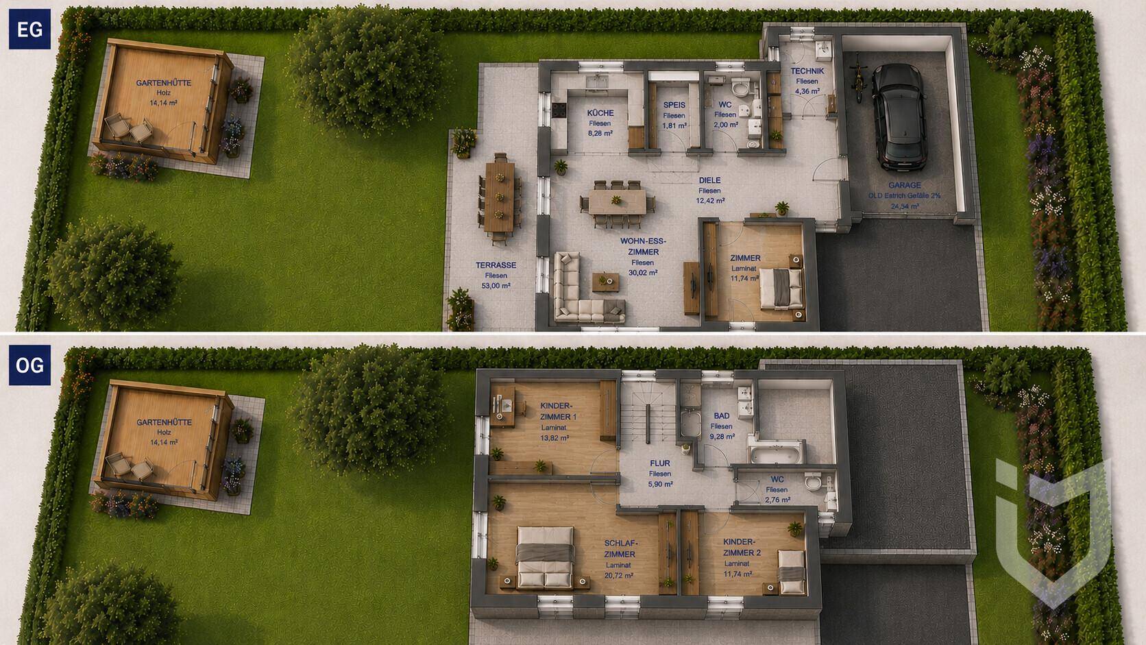 Detaillierter Grundriss des Erd- und Obergeschosses mit Raumaufteilung und Garten.