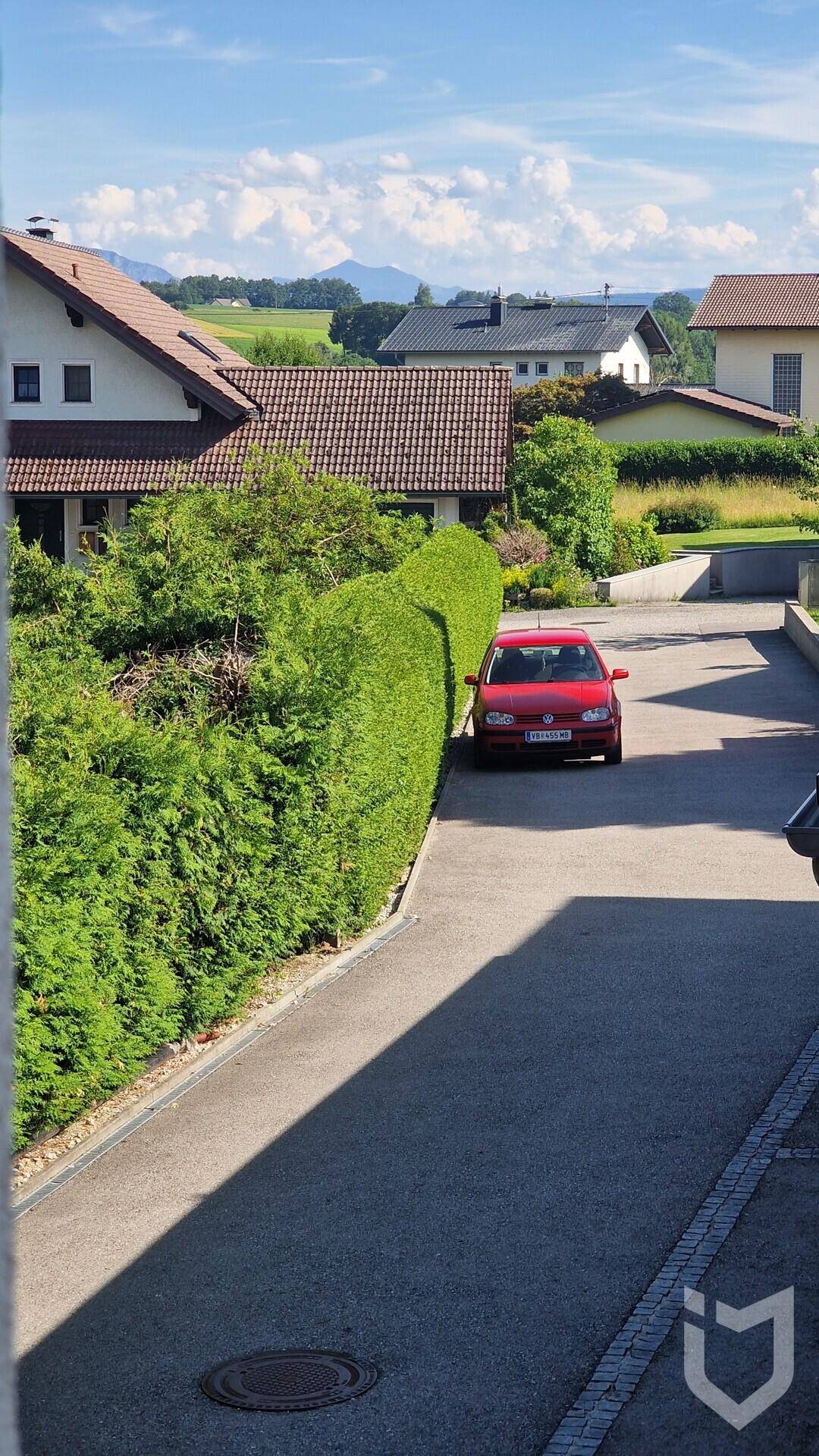 Ruhige Wohnstraße mit gepflegter Hecke und Blick auf die ländliche Umgebung.