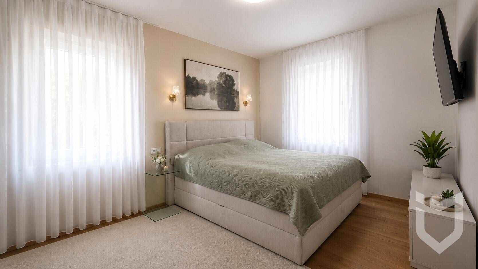 Helles Schlafzimmer mit großem Doppelbett, zwei Fenstern und schlichten, modernen Möbeln.
