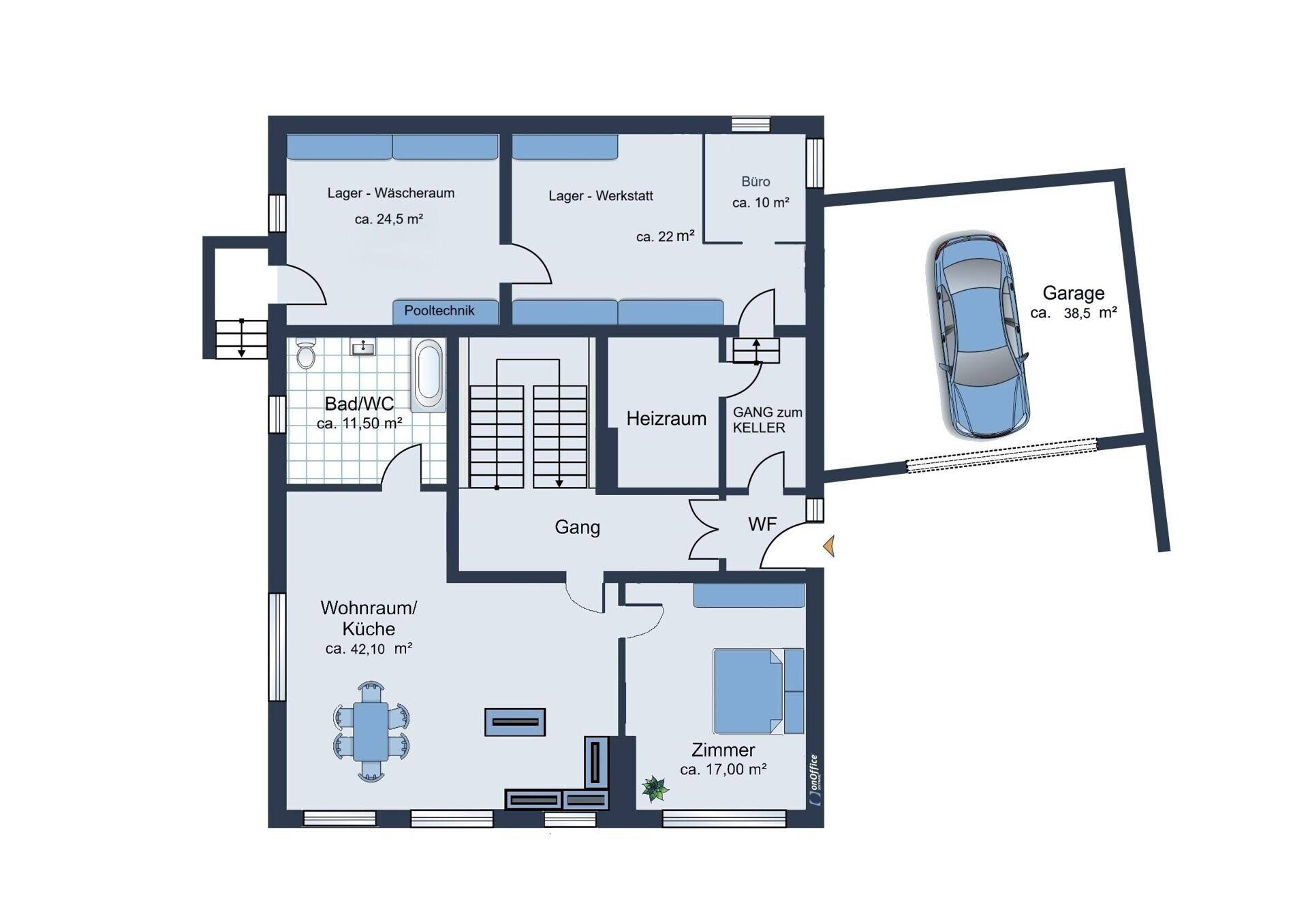 Grundriss des Erdgeschosses mit offenem Wohn-/Küchenbereich, Bad, Zimmer und großer Garage.