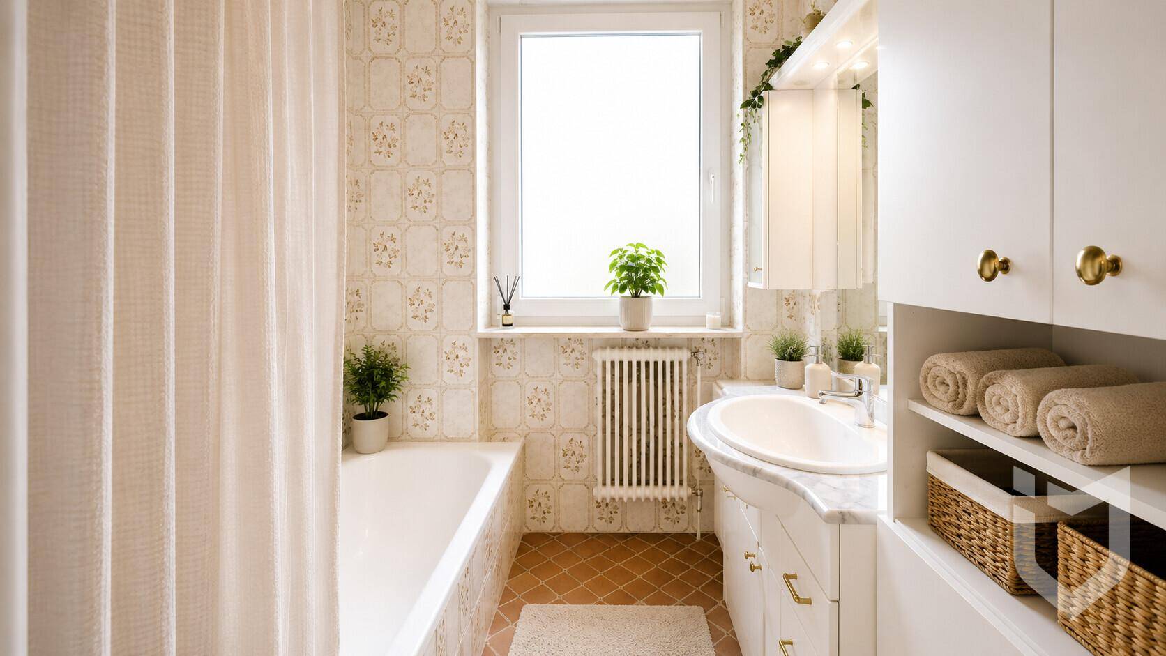 Badezimmer mit Badewanne, Waschbecken, Spiegelschrank und Fenster für Tageslicht.
