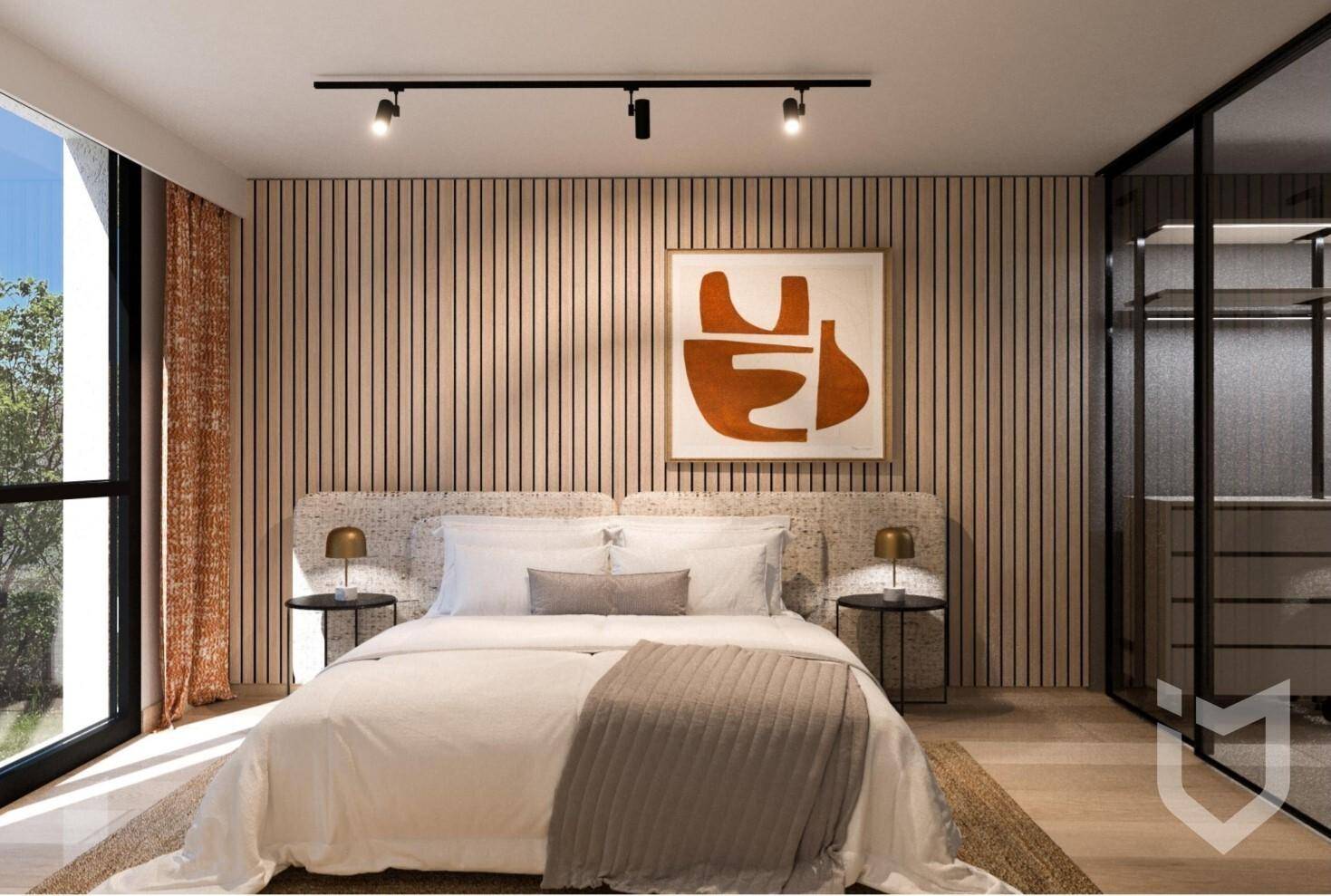 Modernes Schlafzimmer mit Holzwandverkleidung, großem Bett und begehbarem Kleiderschrank.